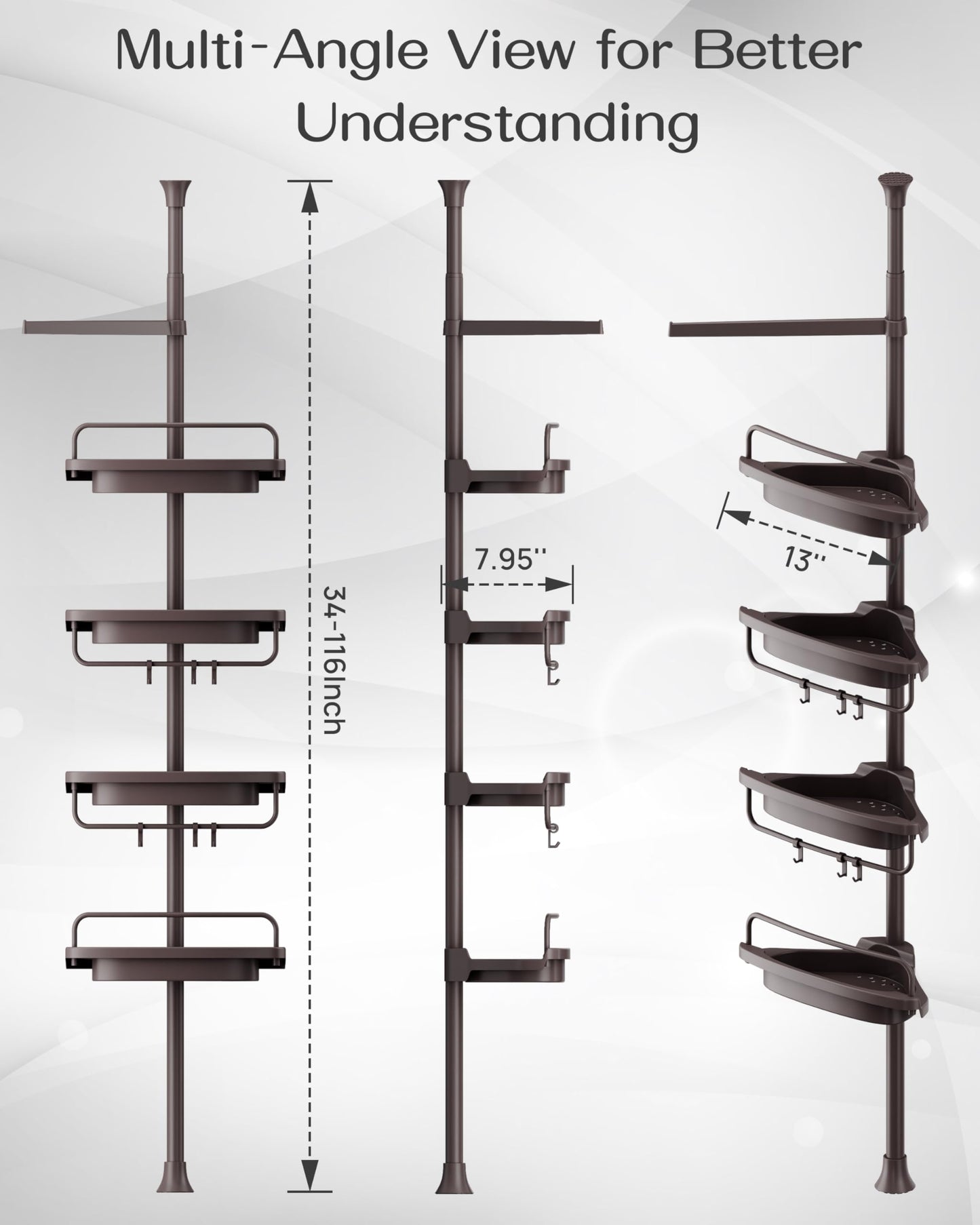 ALLZONE Corner Shower Caddy Tension Pole, Extendable Rustproof Stainless Steel Pole & 4-Tier Adjustable Shelves for Easy Drainage and Built-to-Last Stability, 34 to 116 Inches, Brown
