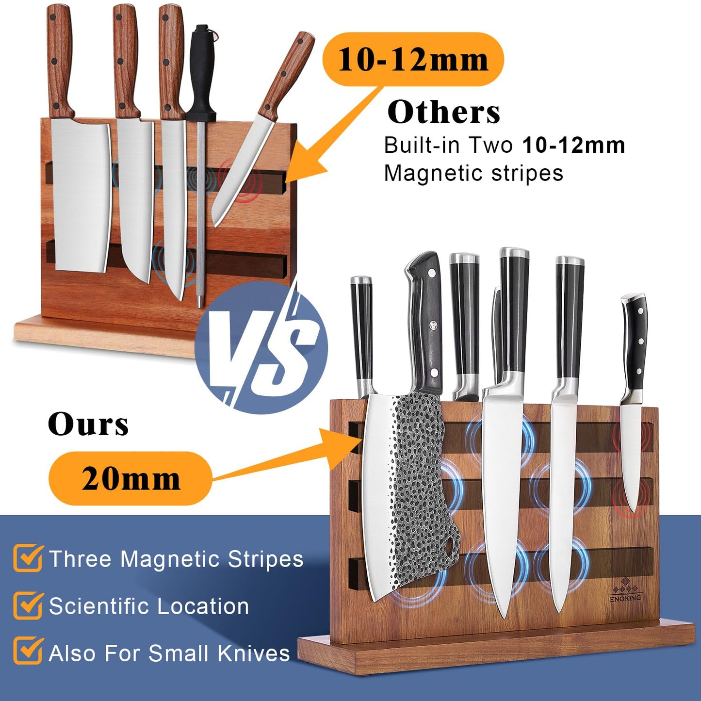 ENOKING Extra Large Magnetic Knife Block, 15.2-In Acacia Wood Knife Holder for Home Kitchen, Universal Knife Holder Stand with Strong Enhanced Magnets for Safe and Multifunctional Knife Storage