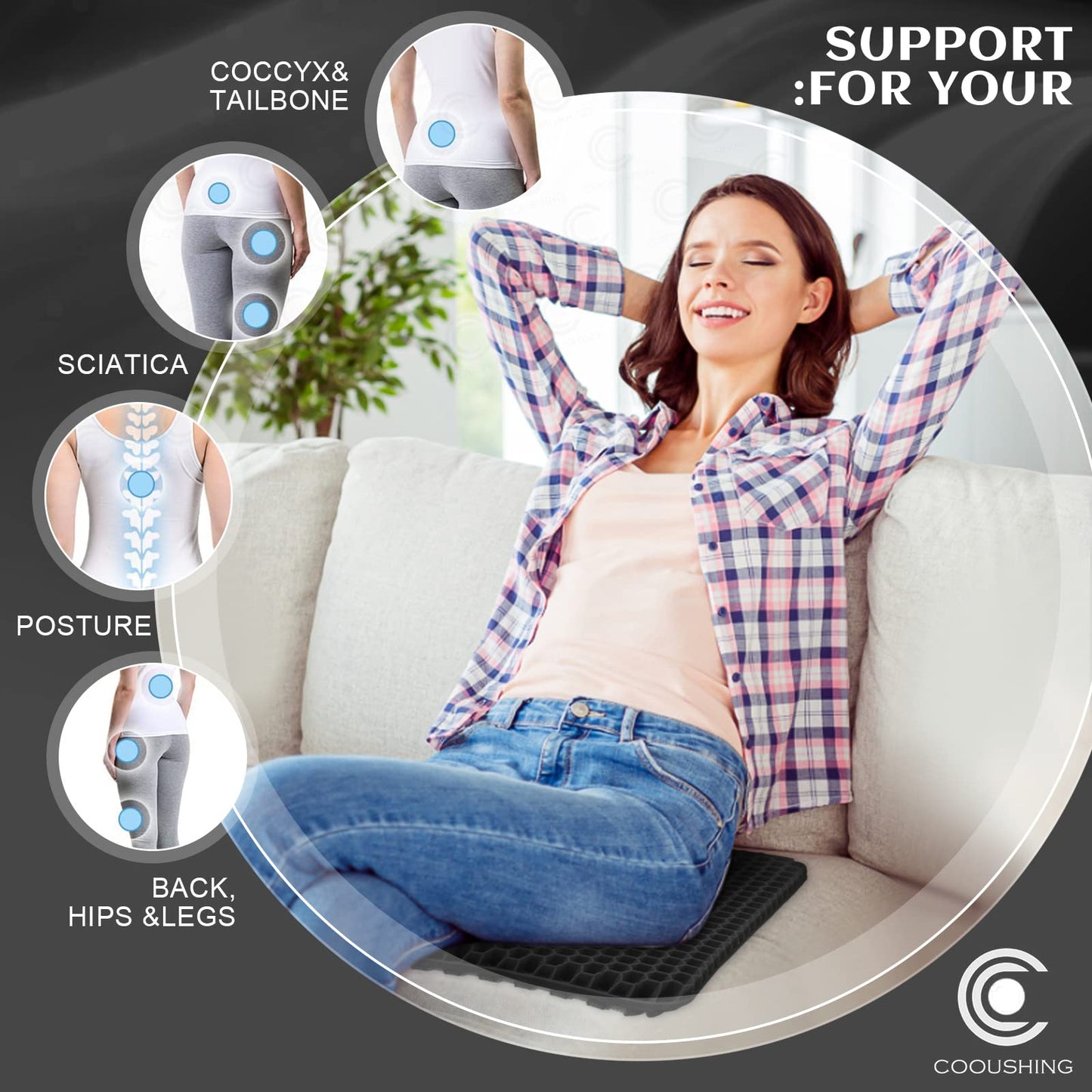 Cooushing Gel Seat Cushion, for Long Sitting -Double Thick Gel Seat Cushion Breathable Honeycomb Chair Cushion with Non-Slip Cover for Office Chair Car, Wheelchair, Long Trips,Relief Sciatica Pain
