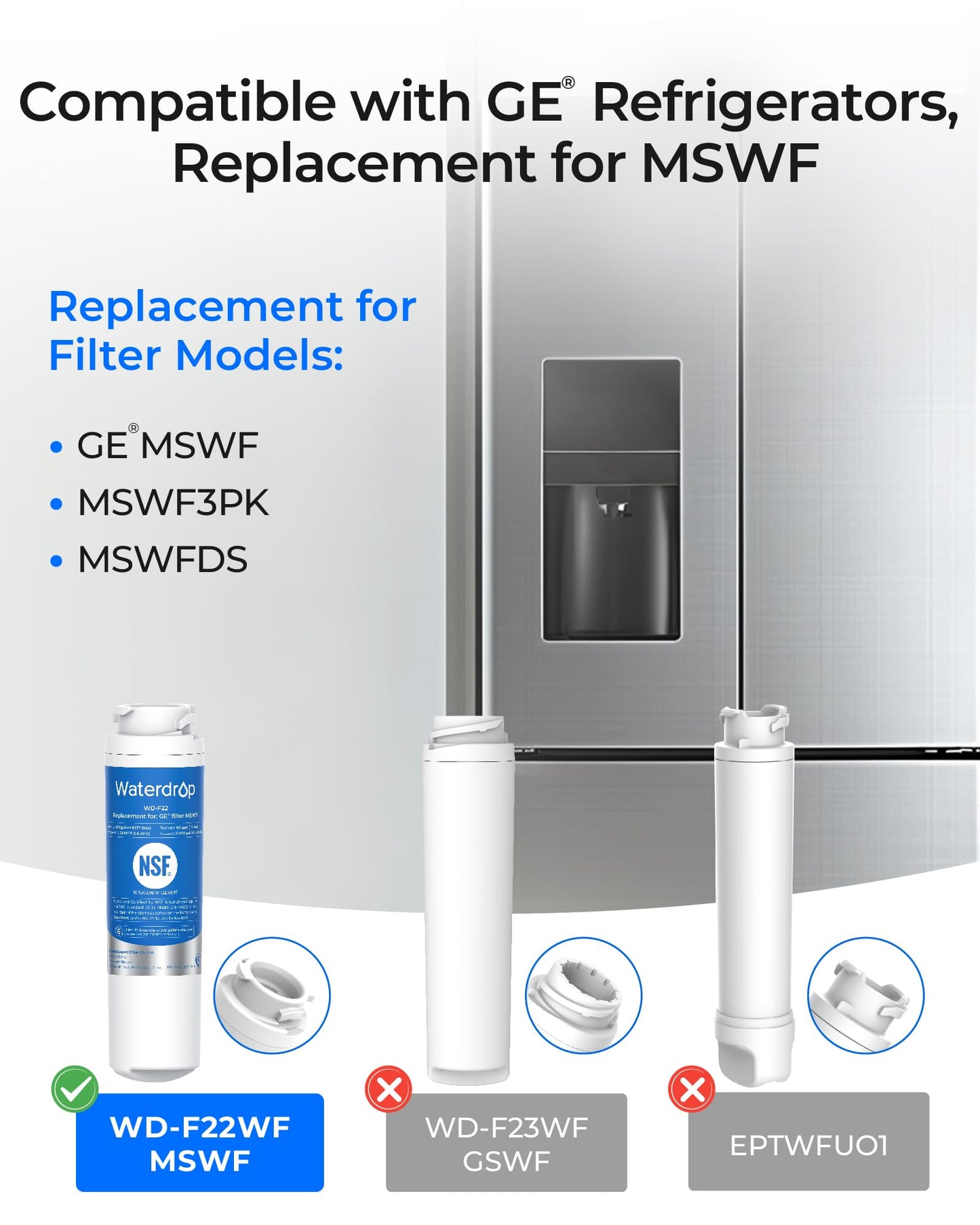 Waterdrop MSWF Refrigerator Water Filter, Replacement for GE® MSWF, 101820A, 101821B, RWF1500A, NSF 42&372 Certified, 3 Pack