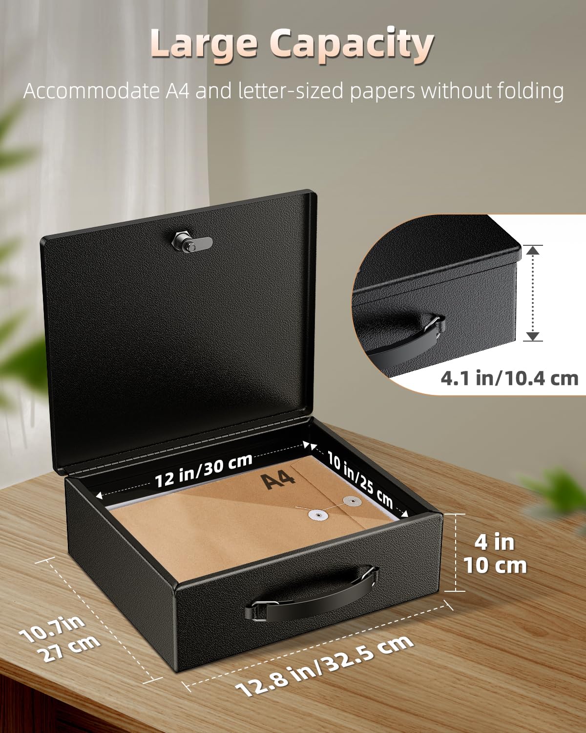 Uniclife Fireproof Document Box with Key Lock & Handle, 13" x 10.9" x 4.1", Large Metal Lock Box for A4 Paper, Water-Resistant Safe Box for Valuables, Passports & Cash, Portable Security Metal Chest