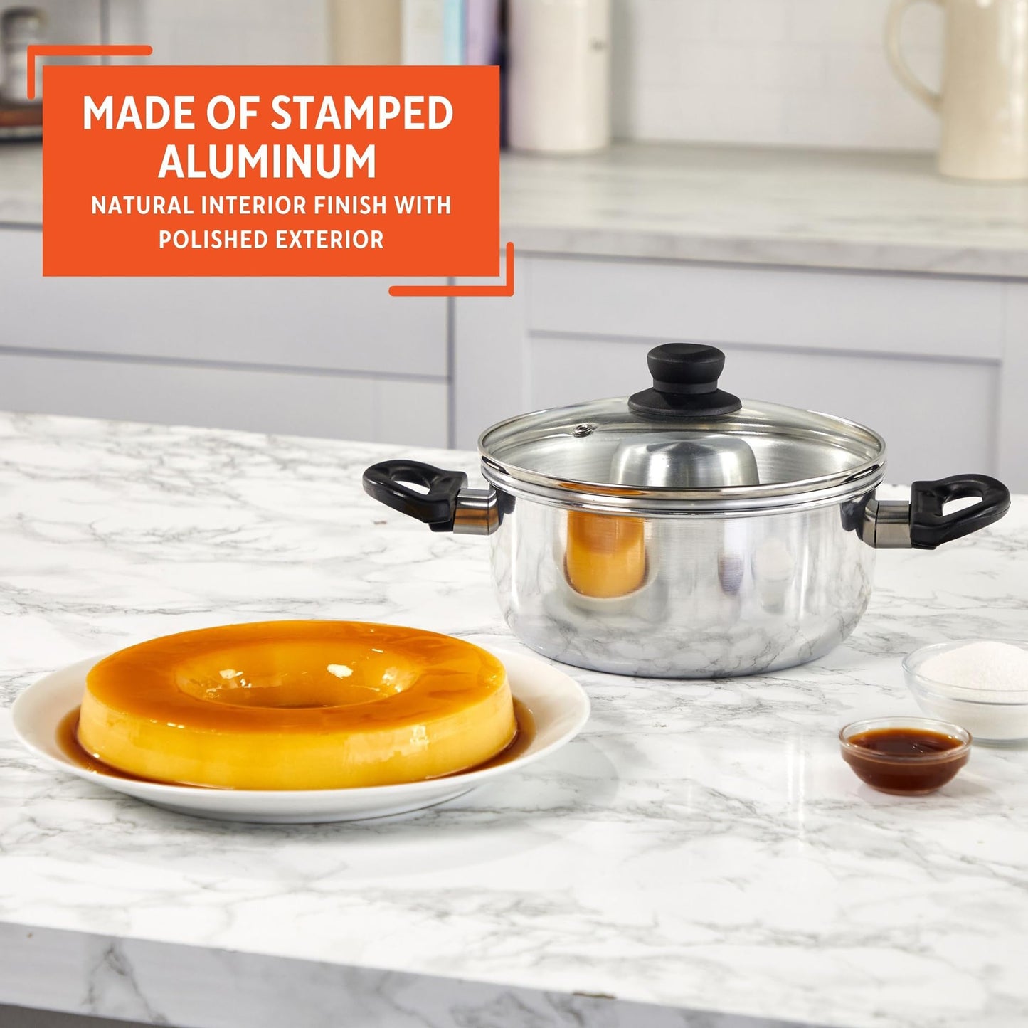 IMUSA 8in Small Aluminum Flan Double Boiler Baño Maria with Lid, 3Qt Dessert Pot for Flan, Custards, Pudding and Traditional Latin Recipes
