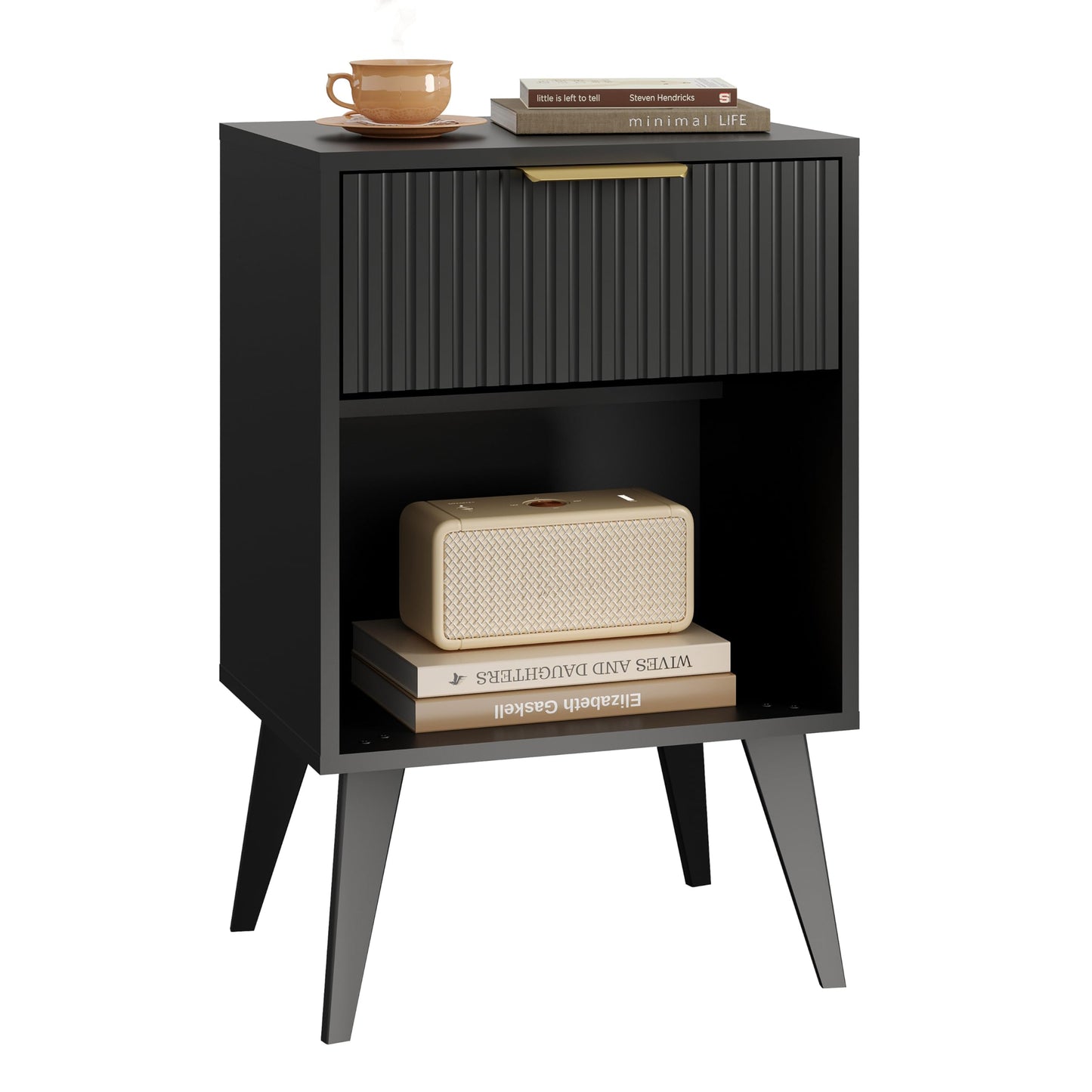 YAUKOMEL Fluted Night Stand with Opening Storage,Mid Century Bedside Table with Drawer,Black Nightstand with Wood Legs,End Table Side Table for Living Room,Bedroom,11.8" Dx15.7 Wx 25.2" H CTG56BK