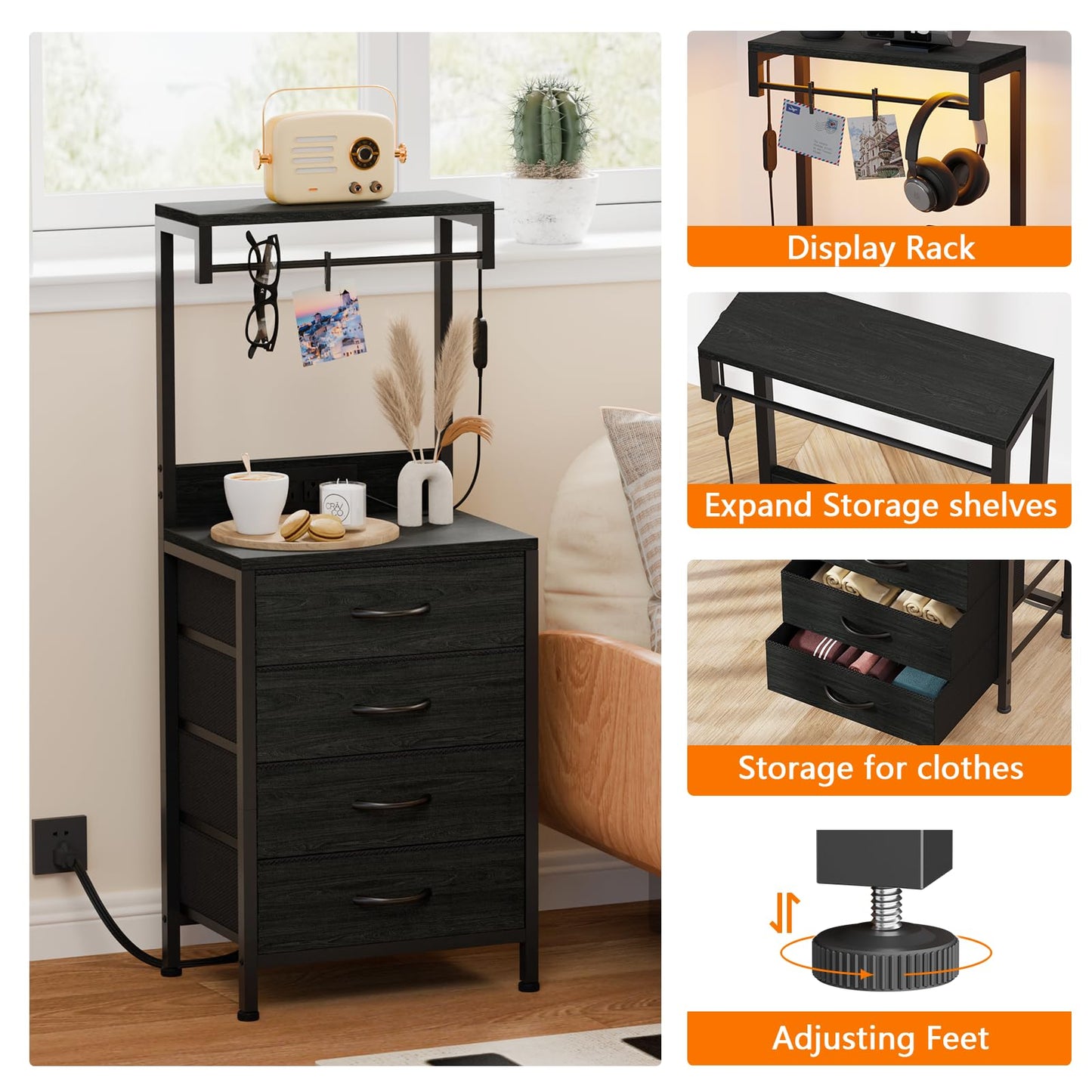 Furnulem Tall Nightstand with Charging Station, Night Stands with LED Lights and Storage Shelves, Bed Side Table for Bedroom, Hallway, Office, 4 Fabric Drawers (Black Oak)