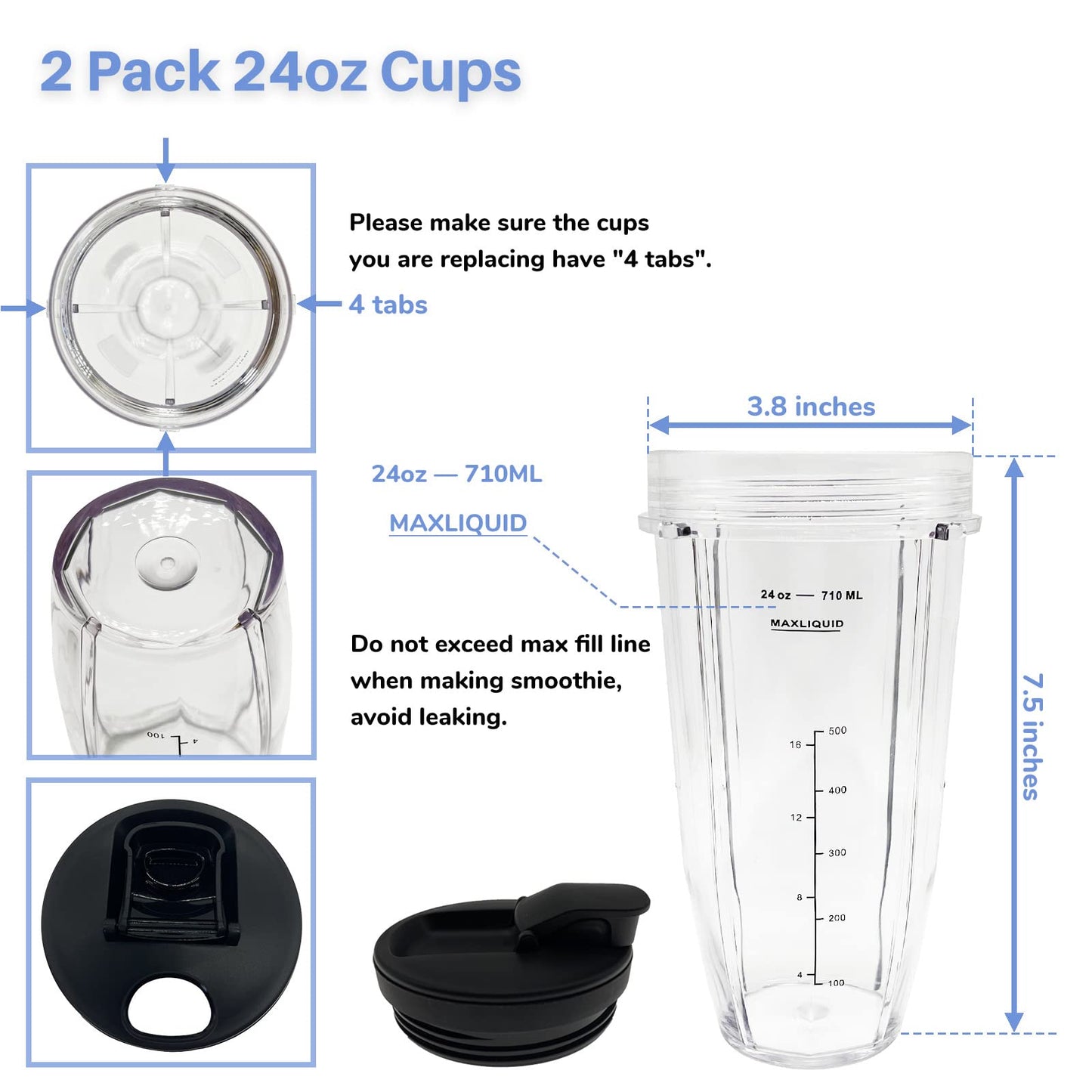 Blender 24 oz Cups with Lids & 6 Fins Female Blade Replacement Parts for Ninja, Extractor Blade for Nutri Ninja Auto iQ BL480D 30 DOB, BL450 69, BL456 70, BL480 70, BL455 30 DOB, BL482 30 DOB