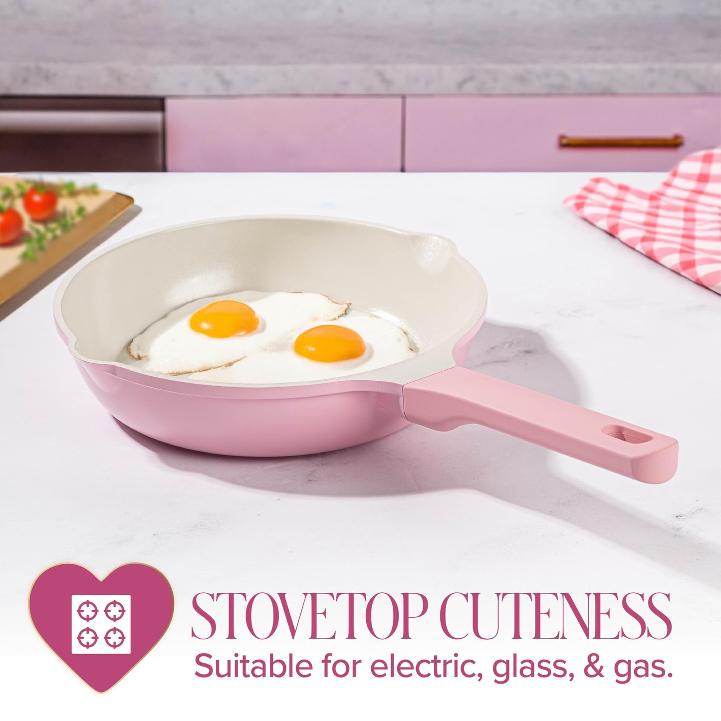 Paris Hilton Ceramic Cast Aluminum Nonstick Fry Pan, Fast & Even Heating with Easy Pour Spouts & Comfort-Grip Handle, 9.5-Inch, Pink
