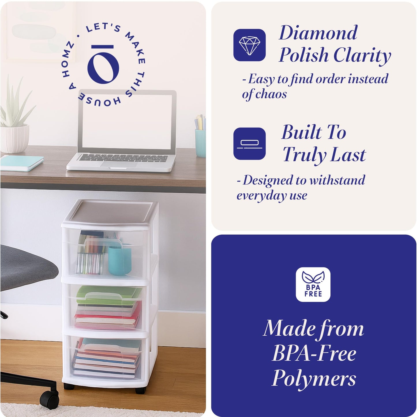 HOMZ Drawer Tower, 3-Tier Rolling Storage Cart with Removable Wheels, White Frame – Plastic Organizer with Clear Bin Drawers for Bedroom, Bathroom, Home Office, and Dorm Room