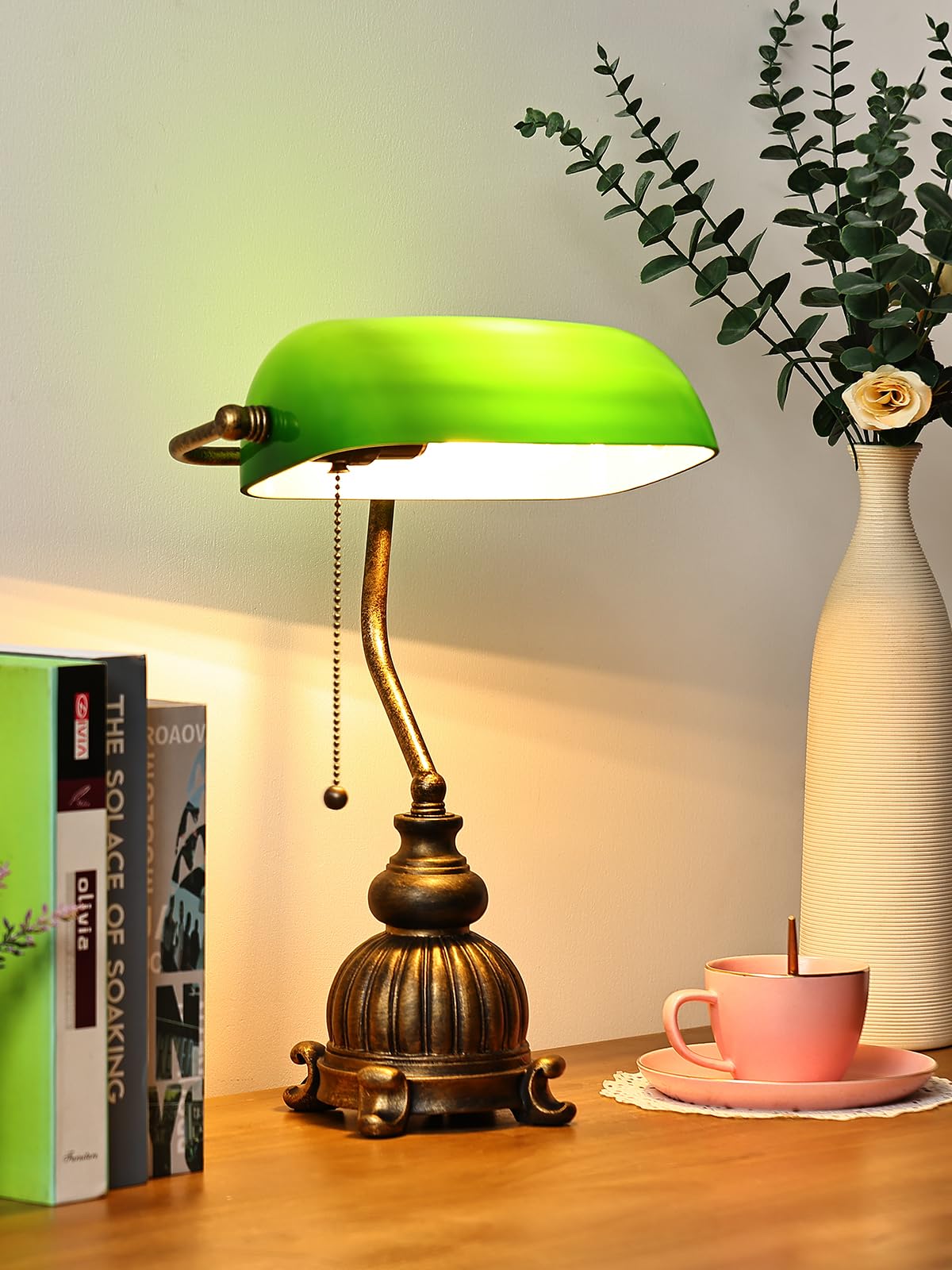 Newrays Retro Green Glass Bankers Desk Lamp for Home Office,Library with Pull Chain Switch Plug in Fixture, LED Bulb Included