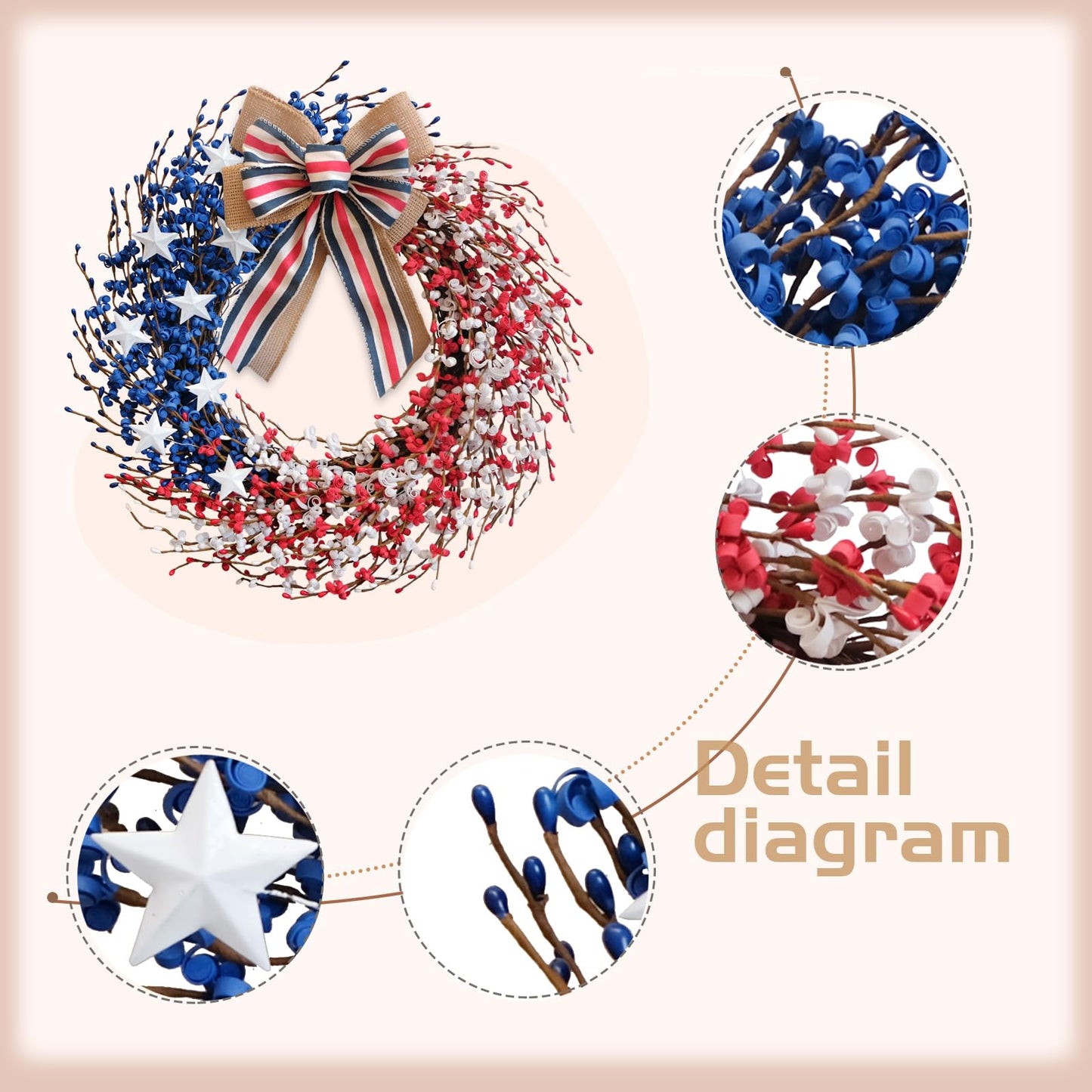 4th of July Wreath 22 inch, Patriotic Wreath for Front Door, Red White Blue American Independence Day Memorial Day Flag Day Indoor Outdoor Decor