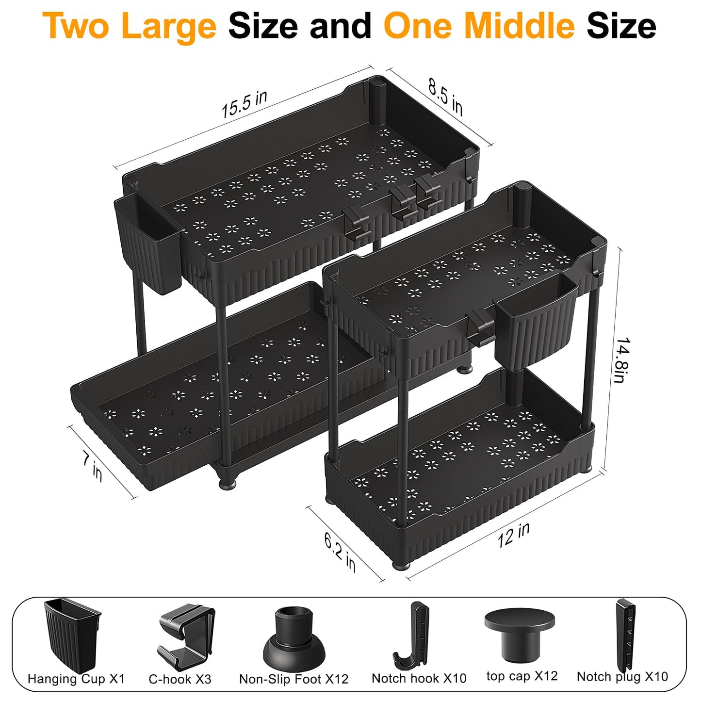 Sevenblue 3 Pack Under Sink Organizers, 2-Tier Multi-Use Kitchen and Bathroom Organizers and Storage with Sliding Drawers, Bathroom Cabinet Organizer (Black, 14.8 Inch)