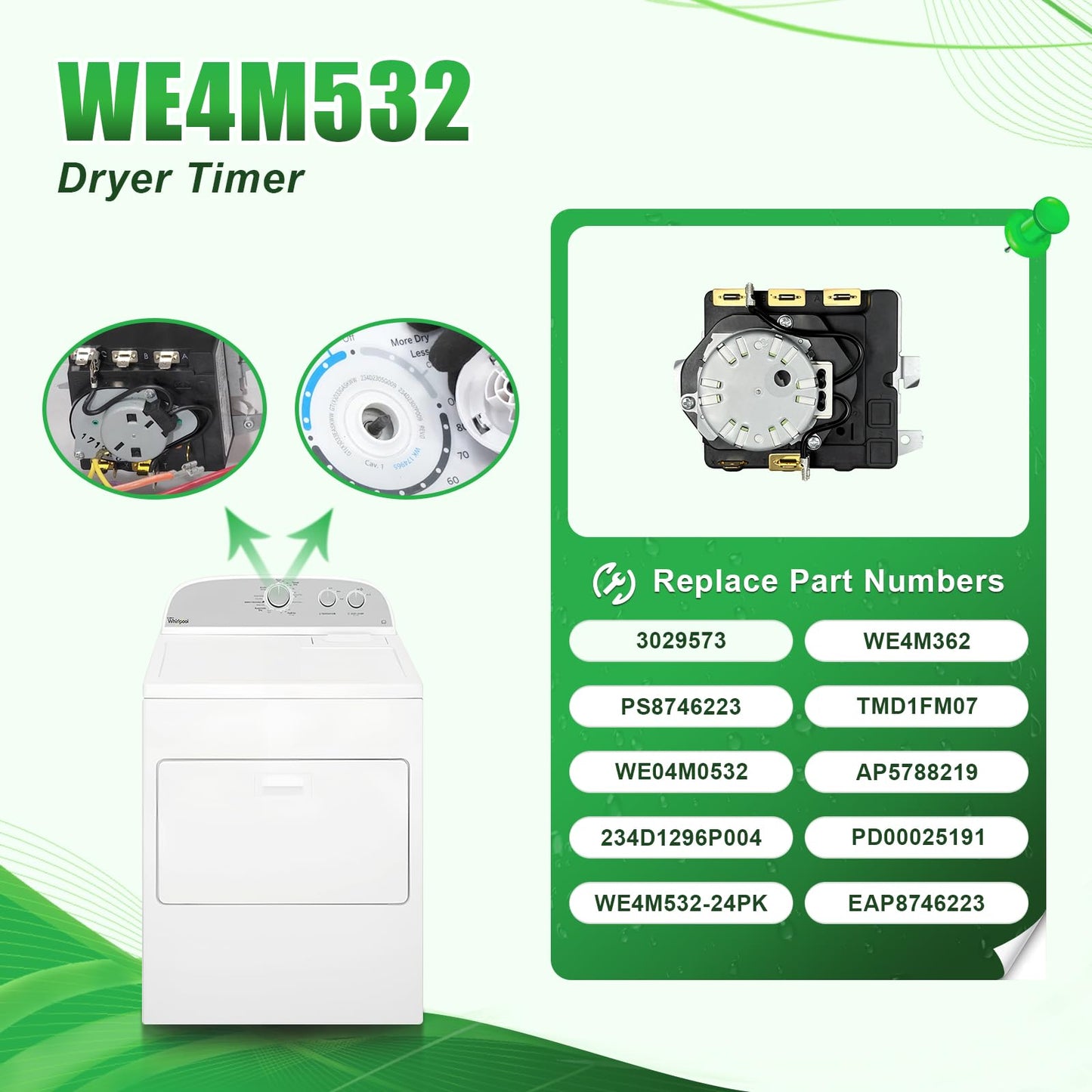 WE4M532 Dryer Timer Compatible with GE Hotpoint Dryer, Replacement Part WE4M362 WE4M532-24PK 234D1296P004 TMD1FM07 WE04M0532 3029573 AP5788219 PS8746223 EAP8746223 PD00025191