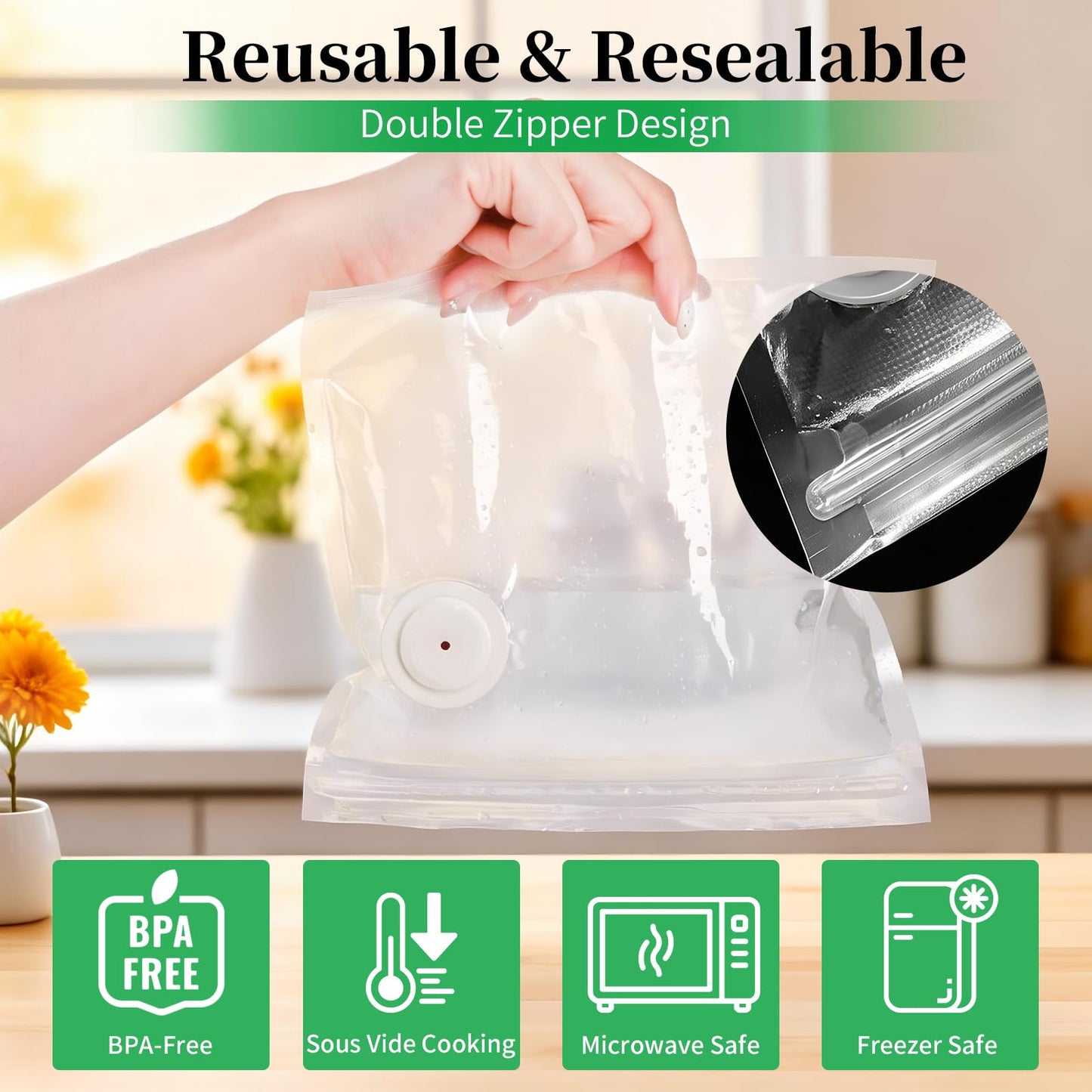 VISRIE 100Pcs Reusable Vacuum Sealer Bags for Food, 5 Assorted Size, BPA-Free Food Storage Bags for Sous Vide Microwave Heating, Compatible with Handheld Sealer and Vac Sealer Machine
