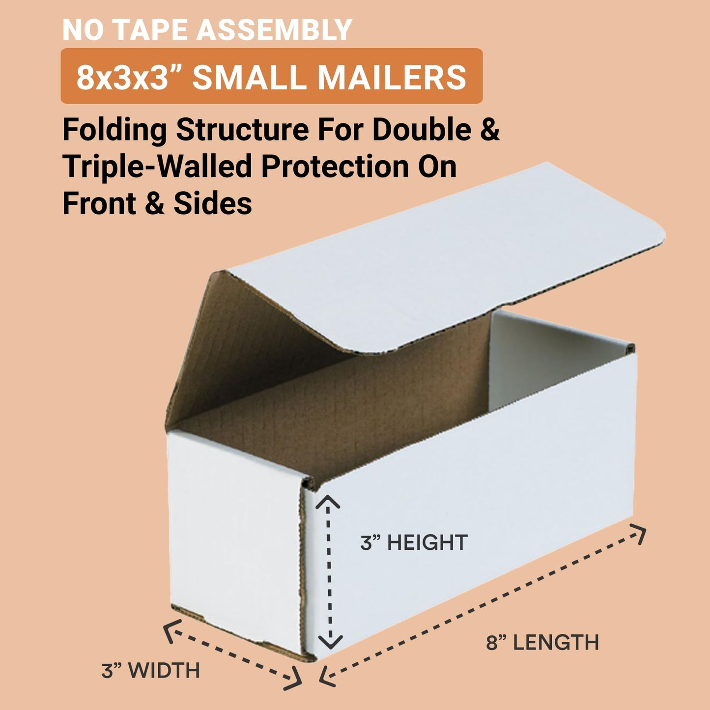 Aviditi White Corrugated Cardboard Mailing Boxes, 8" x 3" x 3" (Pack of 50) Crush-Proof Mailers, Small Cardboard Boxes for Shipping, Packing, Moving, and Storage