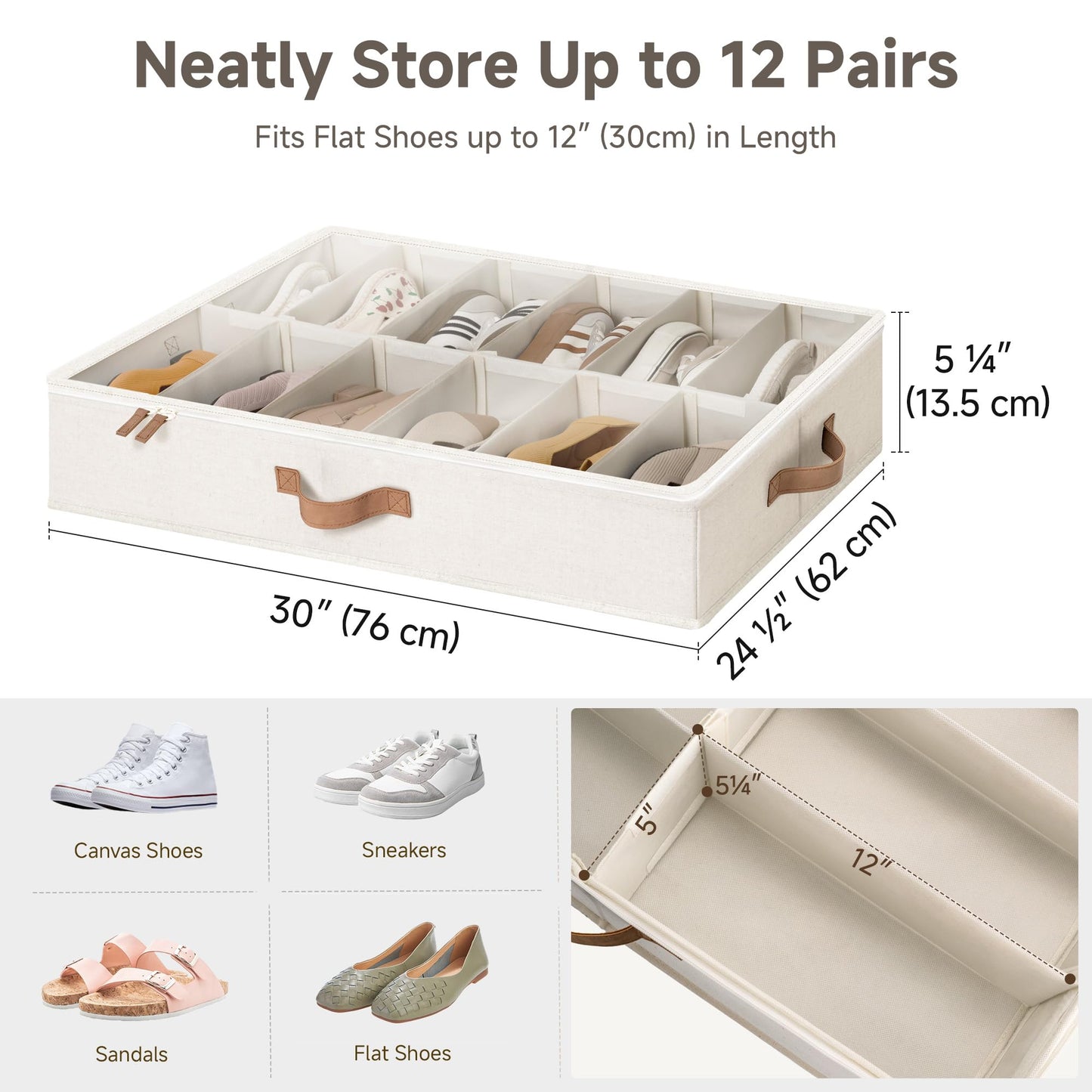 StorageWorks Underbed Shoe Storage Organizer for Closet, 2-Pack Under Bed Shoe Organizer with Bottom Support and Adjustable Dividers, Fits up to 24 Pairs, Beige