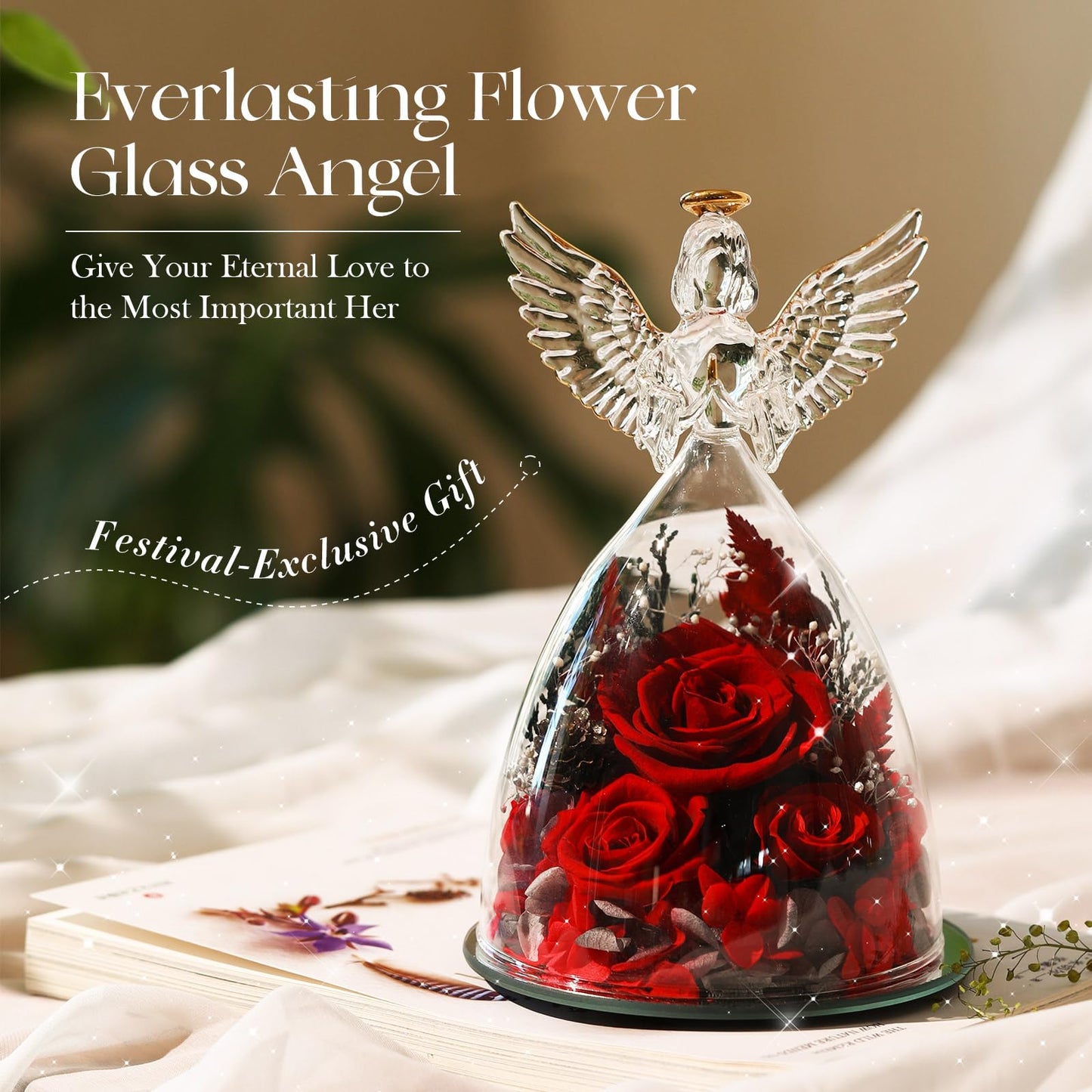 AIMEYE Mothers Day Roses Gifts for Mom,Forever Preserved Real Flowers Roses in Glass Angel Figurines,Mothers Day Flowers Gifts for Women Mom Wife Grandma from Daughter/Red