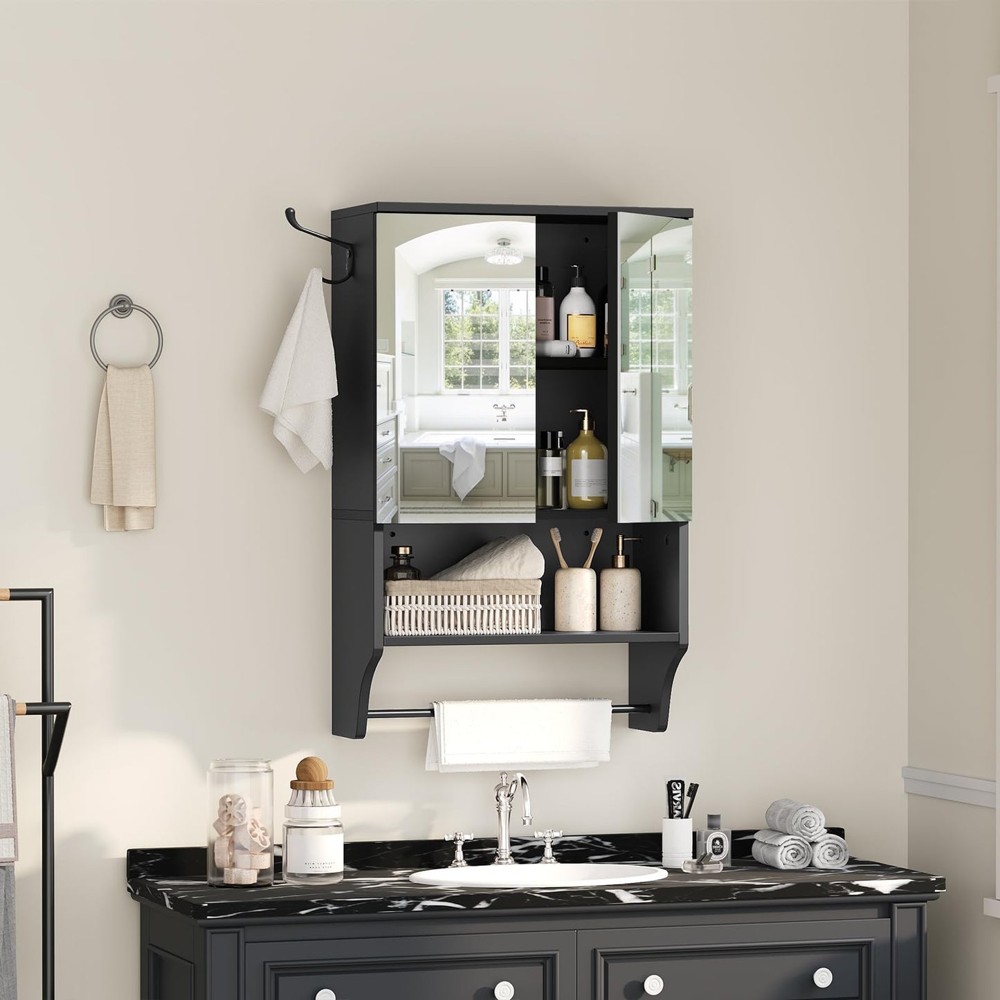 MAHANCRIS Bathroom Wall Cabinet with Mirror, Medicine Cabinet with 2 Door and Adjustable Shelf, Wall Mounted Over The Toilet Storage Cabinet with Towel Bar for Bathroom Laundry Room Kitchen, Black