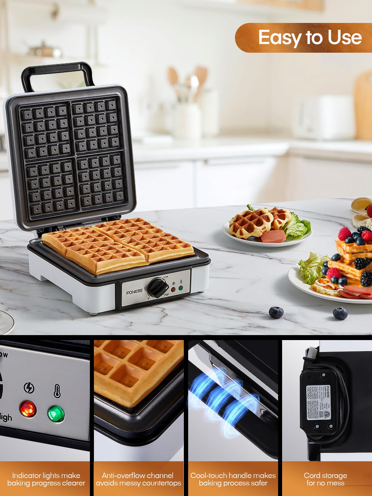 FOHERE Waffle Maker 4 Slices, 1200W Square Waffle Iron, 5 Browning Levels, Nonstick Plates, Cool-touch Handle, Anti-scald, Anti-overflow, Indicator Lights, Recipe, White (Large)