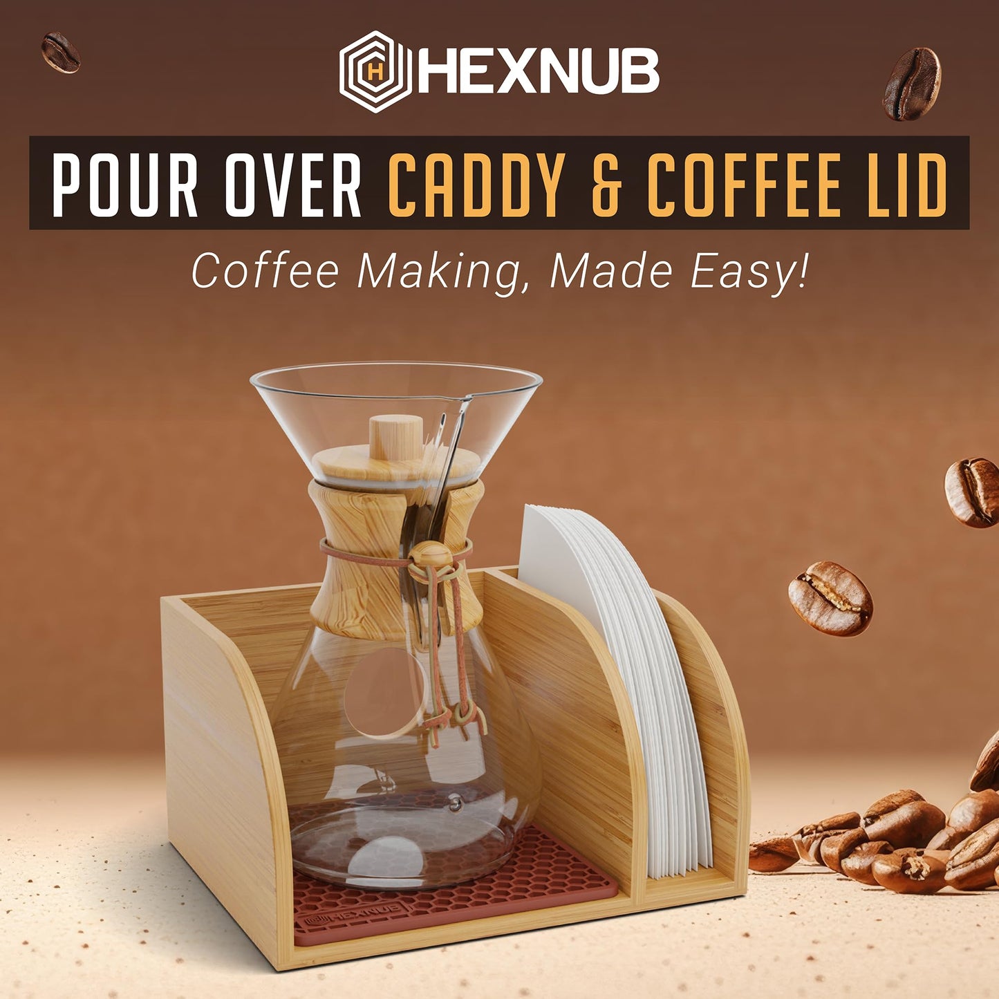 HEXNUB Caddy and Lid for Pour Over Coffee Maker, Bamboo Stand fits Chemex, Bodum, Cosori Coffee Carafes, Heatproof Mat, Filter Holder (Brown Silicone Mat + Lid)