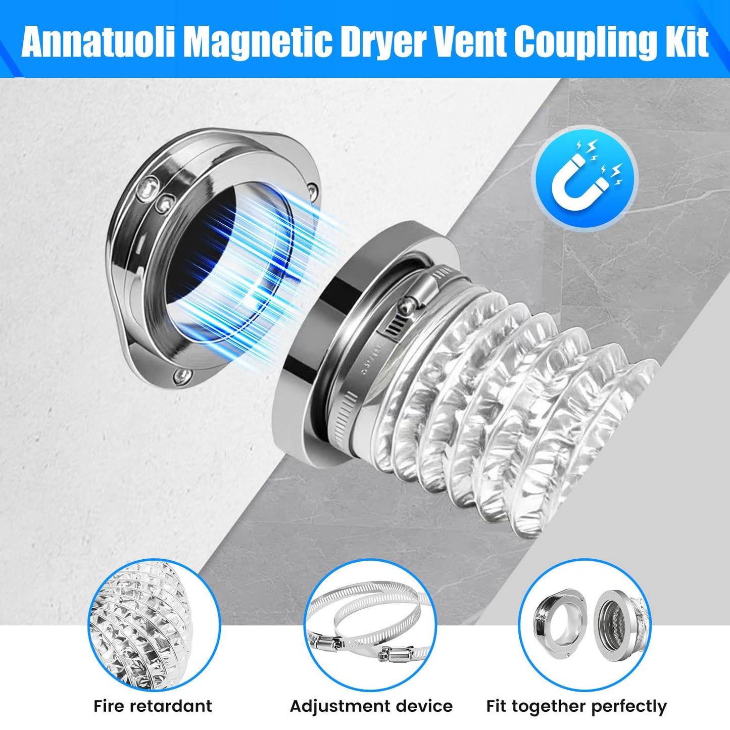 Anitonaia DV180 Magnetic Dryer Vent Coupling, Airtight Seal Magntic Drver Vent Connector Kit, Including 6-Ply Aluminum Dryer Hose and 2 Clamps, Easy to Clean Quick Connector