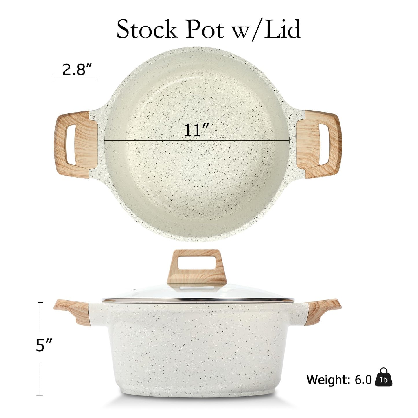 ESLITE LIFE Nonstick Stock Pot with Lid, 7 Quart Granite Casserole Large Soup Pot Pasta Cooking Pot, Induction Compatible, PTFE & PFOA Free, White