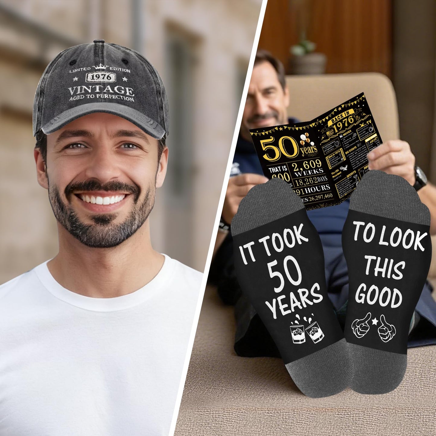 50th Birthday Gifts for Him, Happy 50th Birthday Decorations for Men, 50 Year Old Gifts for Man Who Have Everything, 1976 50th Birthday Gift Baskets for Men Whiskey Glass Baseball Cap Socks Stones