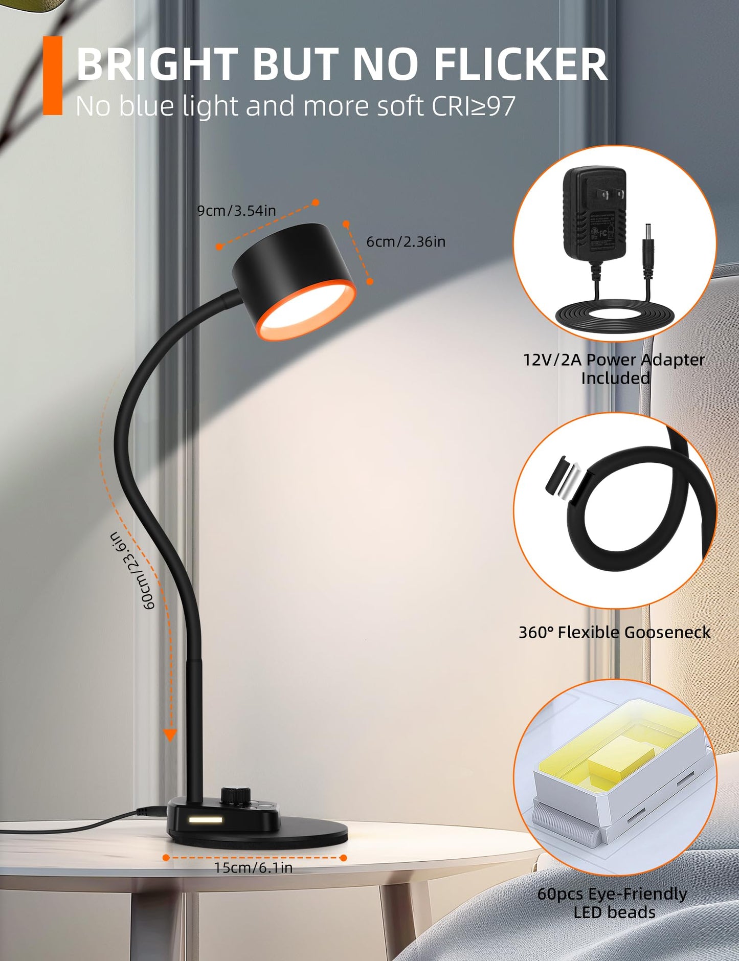 LiFMIRA Desk Lamp, LED Desk Lamp with USB C + A Charging Ports, 5 Colors Fully Dimmable Eye Care Reading Lamp for Bedside Table Full Metal Efficient Gooseneck Table Lamp for Home Office Black