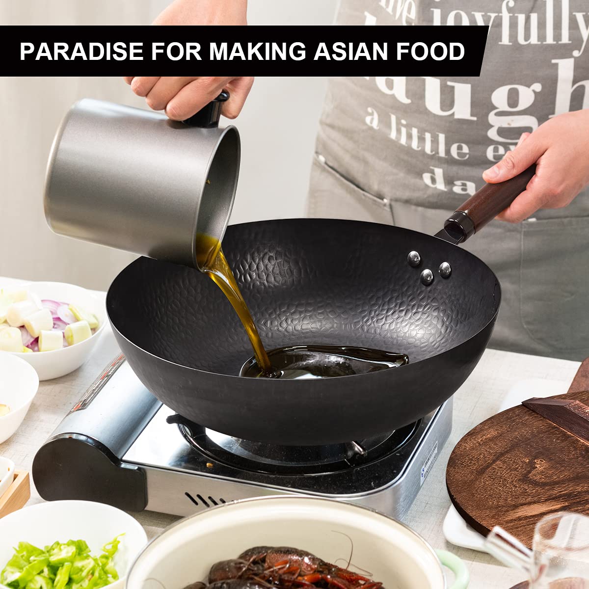 Leidawn 12.8" Carbon Steel Wok-11Pcs Woks & Stir Fry Pans Wok Pan with Lid, No Chemical Coated Chinese Woks with 10 Cookware Accessories, Flat Bottom Wok for Electric, Induction,Gas Stoves