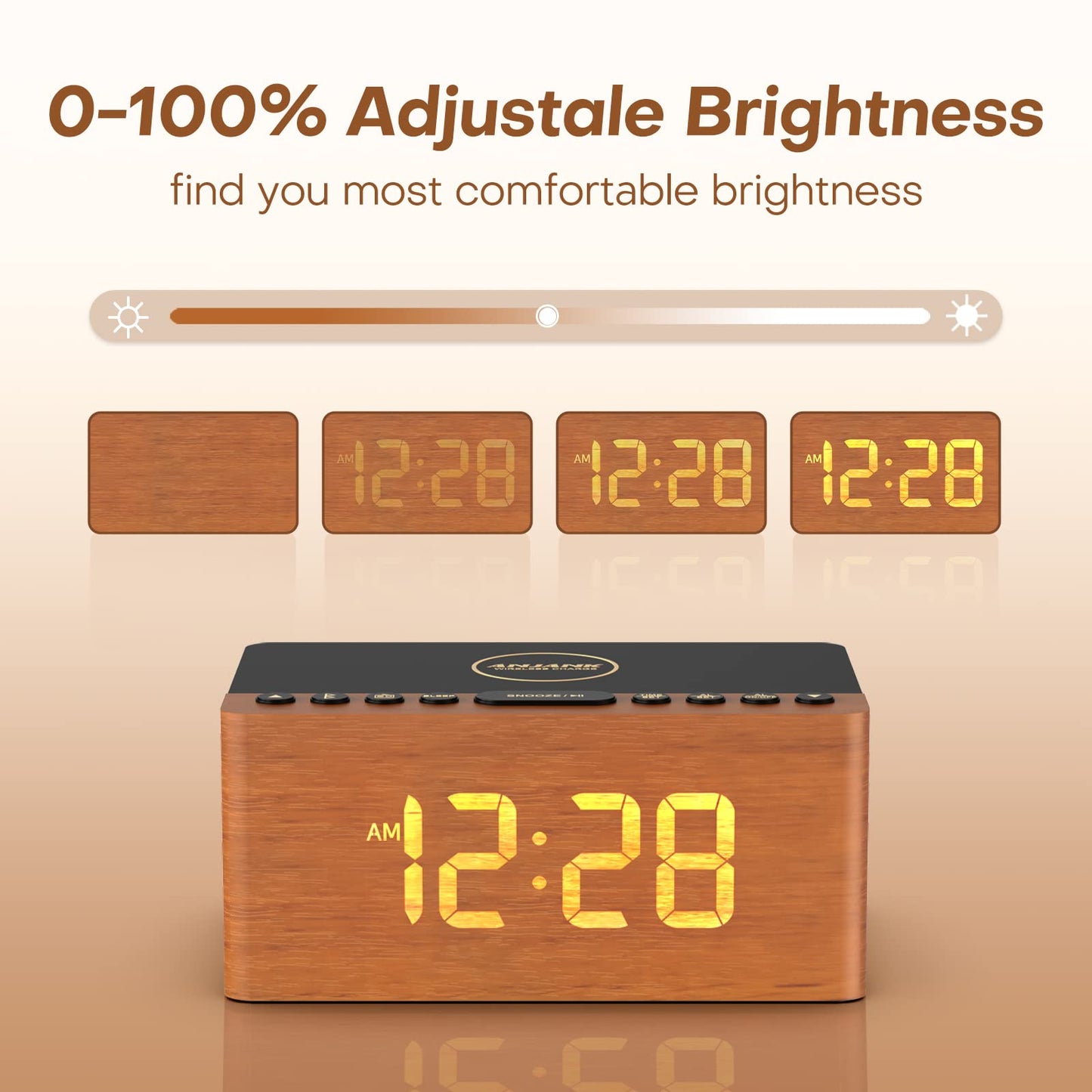 ANJANK Wooden Bluetooth Speaker, Alarm Clock with FM Radio, Qi Certified Fast Wireless Charging Station for iPhone/Samsung, USB Charger Port, Dimmable Display, Digital Wood Clock for Bedroom, Bedside