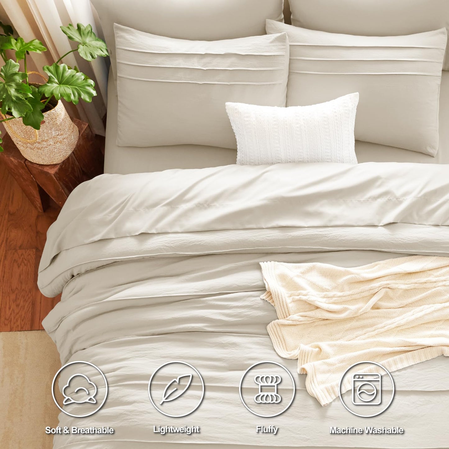 CozyLux Queen Comforter Set Beige, 7 Pieces Soft Pinch Pleat Bed in a Bag Queen Comforter Set with Sheets, Boho Bed Set with Down Alternative Comforter, Sheets, Pillowcases & Shams