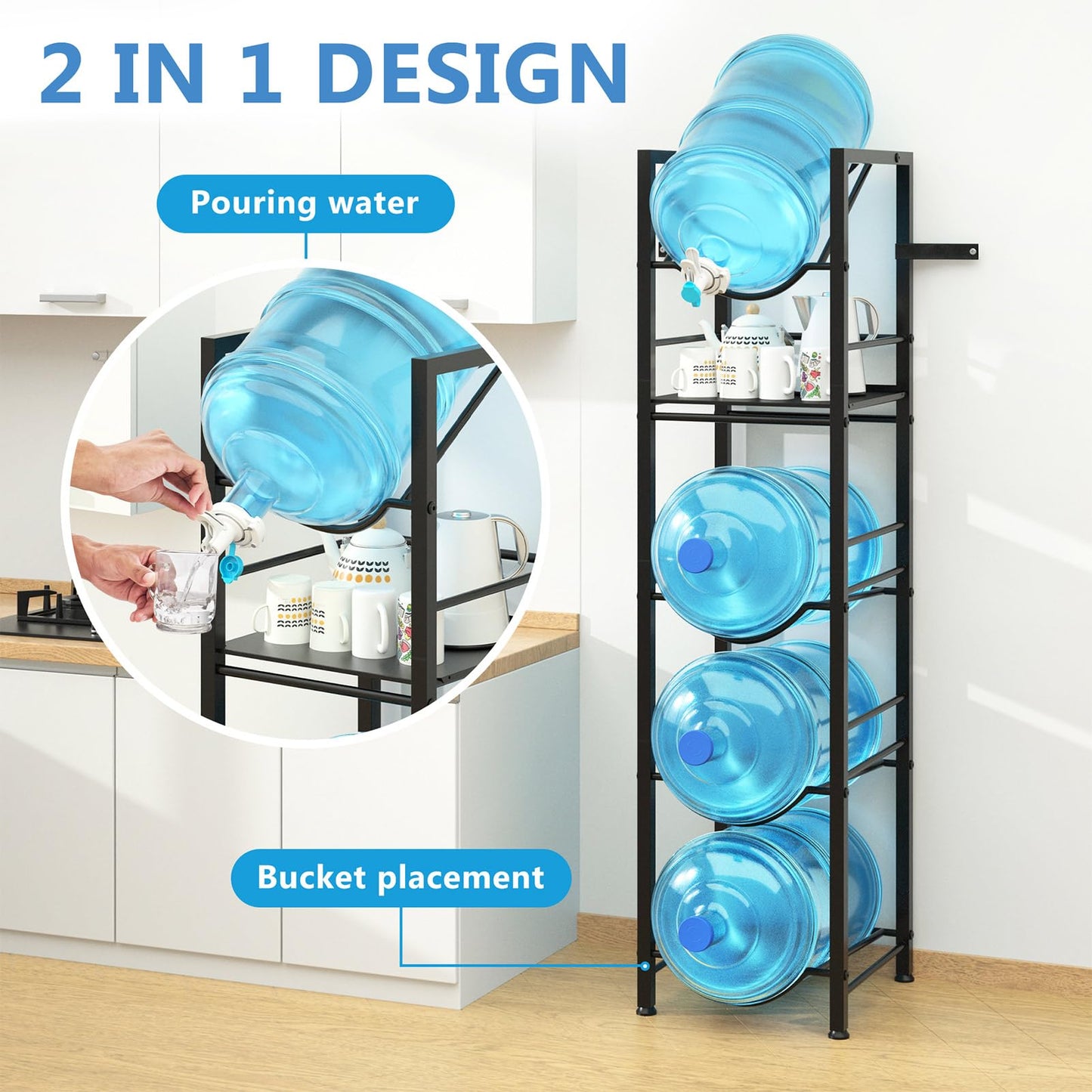 Eocnrhe 2-In-1 5 Gallon Water Jug Holder, 5 Tier Water Jug Stand Holder with 1 Dispenser Valves, 5 Gal Water Bottle Storage Rack Organizer for Kitchen, Office, Garage