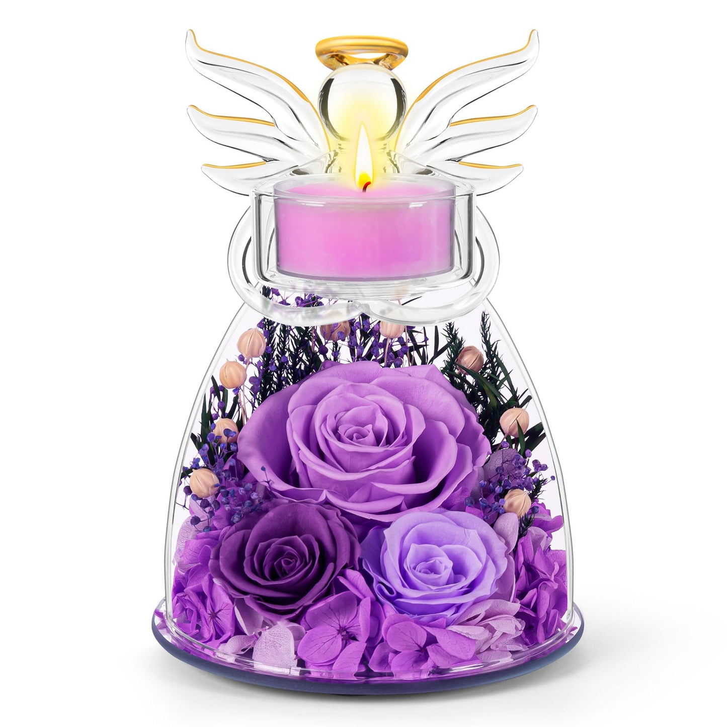 Agrul Mothers Day Roses Gifts for Mom Women,Preserved Real Flowers Roses in Glass Angel Figurines Candle Holder with Tealight Candle Holder/Purple