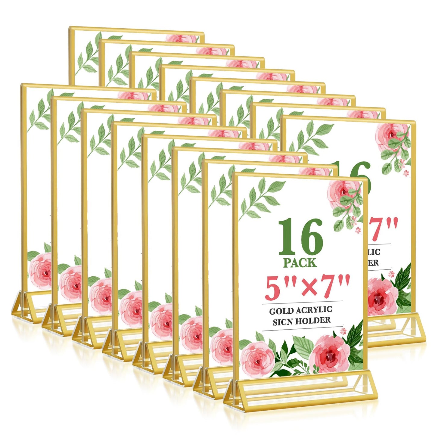 Gold Acrylic Sign Holder 5x7, 16 Pack Wedding Gold Frame Table Number Holders Vertical, Clear Picture Frames Flyer Stands Tables Menu Holder, Double Photo Paper Display Holder for Party, Home, Office