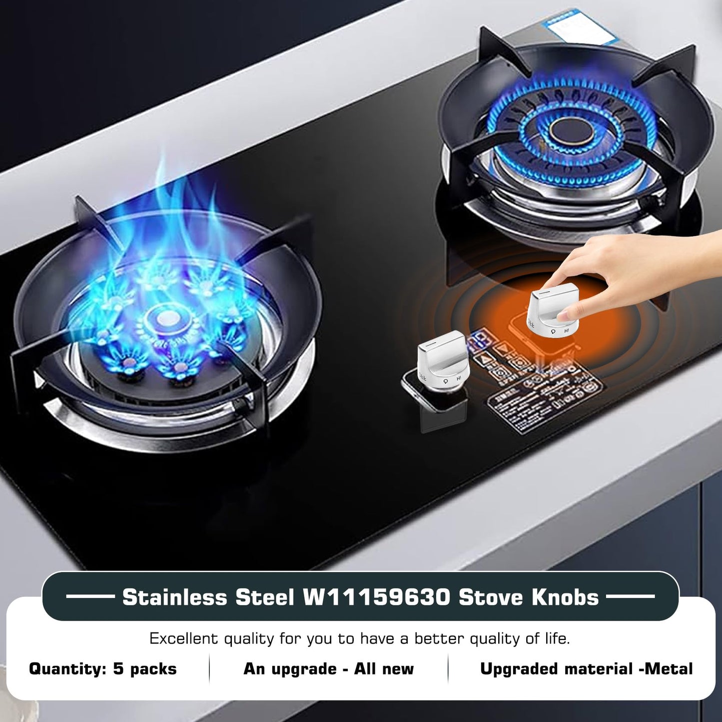 Stainless Steel W11159630 Stove Knob Compatible with Whirlpool Stove Parts,W11159630 Gas Range Knob Replacement W11023139,W11159630 Stove Top Knobs 5 Pcs