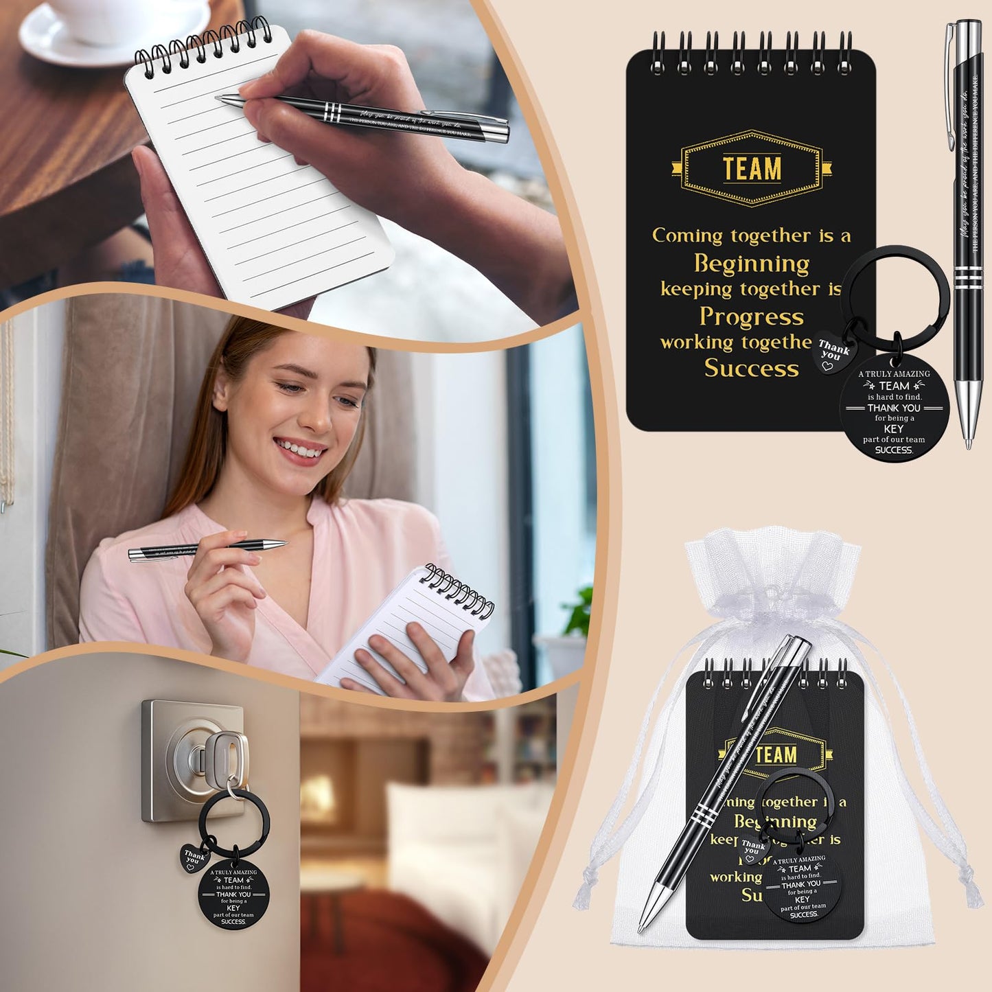 Fulmoon 80 Pcs Employee Appreciation Gifts Set Include Notepad Pen Thank You Keychain Organza Bag, Going Away Retirement Birthday Christmas Team Gift for Member Coworker(Black,Team)