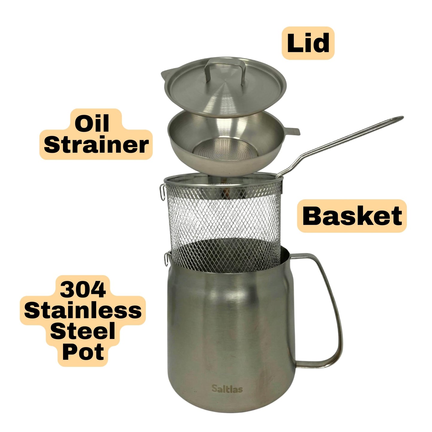 Saltlas Deep Fryer Pot with Basket and Oil Strainer, 304 Stainless Steel Deep Frying Pot for French Fries, Chicken, or Japanese Tempura, 3.5 L (3.7 qt)
