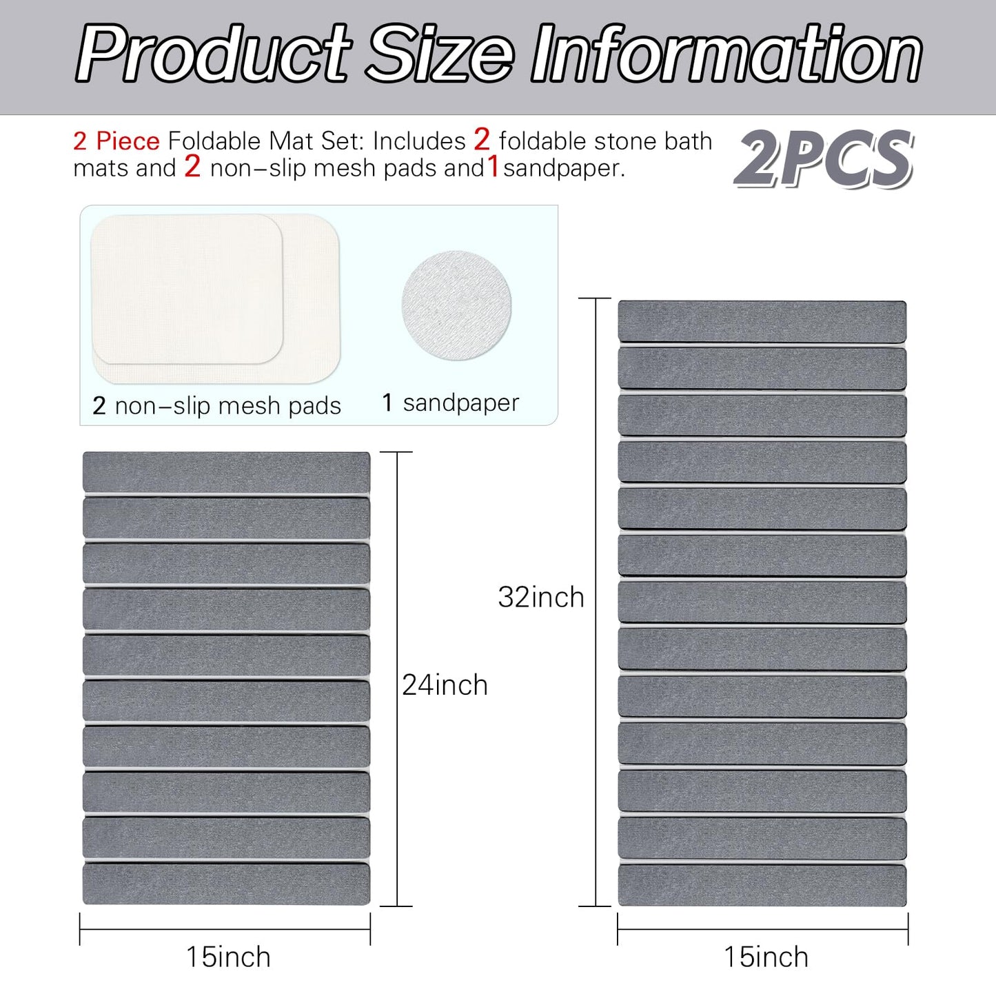 Setguopal 2 Pack Foldable Stone Bath Mats, Gray Super Absorbent Diatomaceous Earth Bath Rug, Non-Slip Shower Mat, Quick-Drying Bath Rug and Drying Mat for Tub and Shower