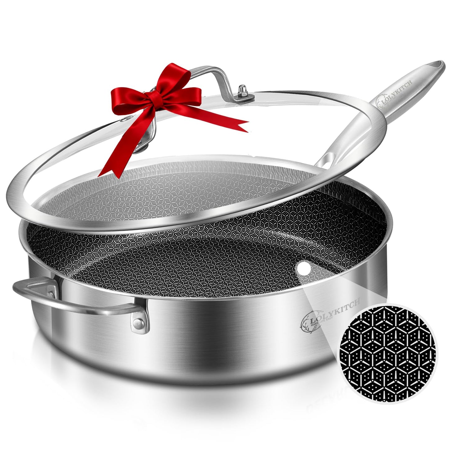 LOLYKITCH 6 QT Large Skillet with Lid, 12 Inch Nonstick Deep Frying Pan, Tri-Ply Stainless Steel Hybrid Saute Pan for Family Meals, Induction Oven Compatible Ceramic Coated, Detachable Handle