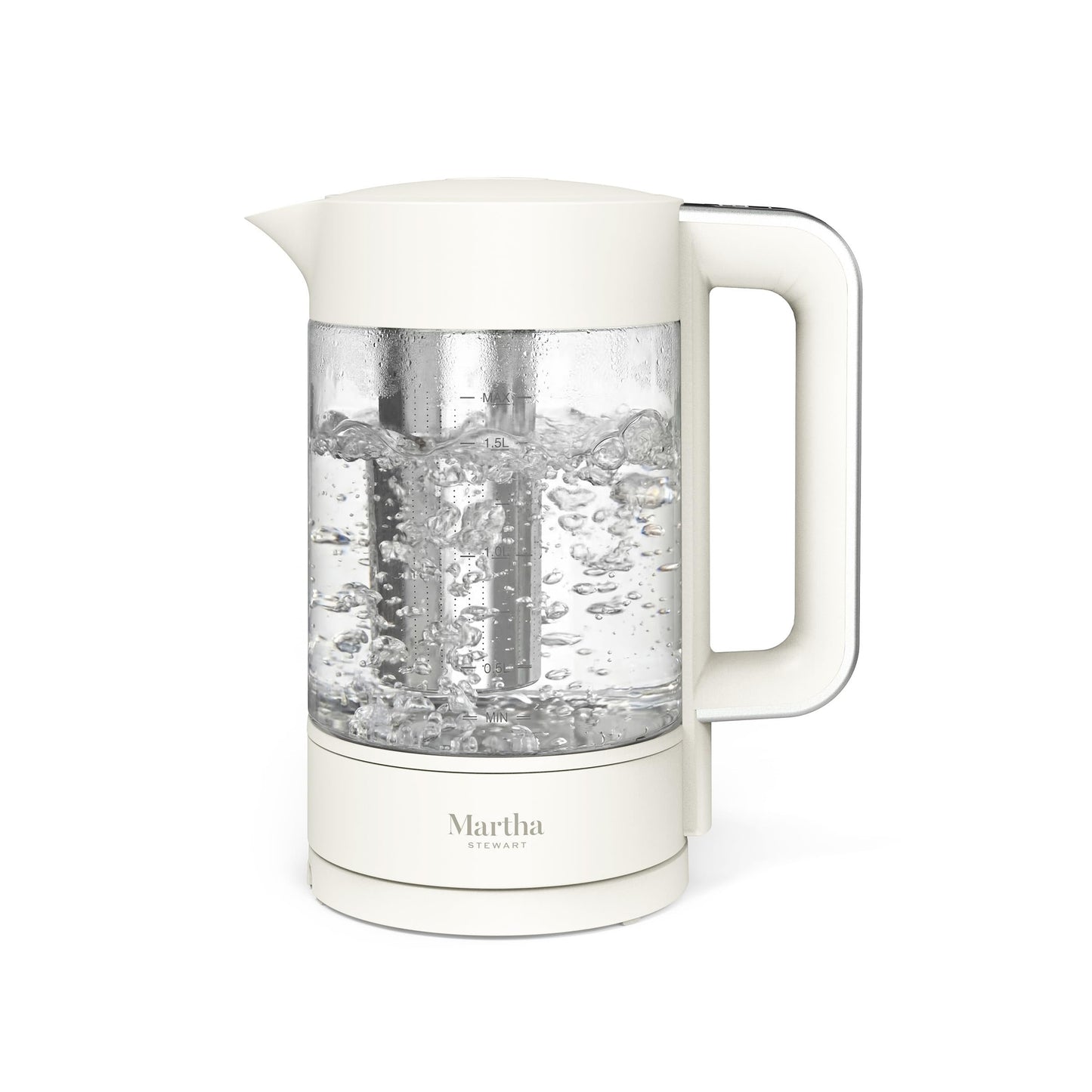 Martha Stewart Electric Kettle with Removable Stainless Steel Tea Infuser, Glass Carafe 1.7L (7 Cups), Hot Water Boiler, 4 Presets, Keep Warm & Auto Shut-Off, Cordless 360° Swivel Base, Linen White