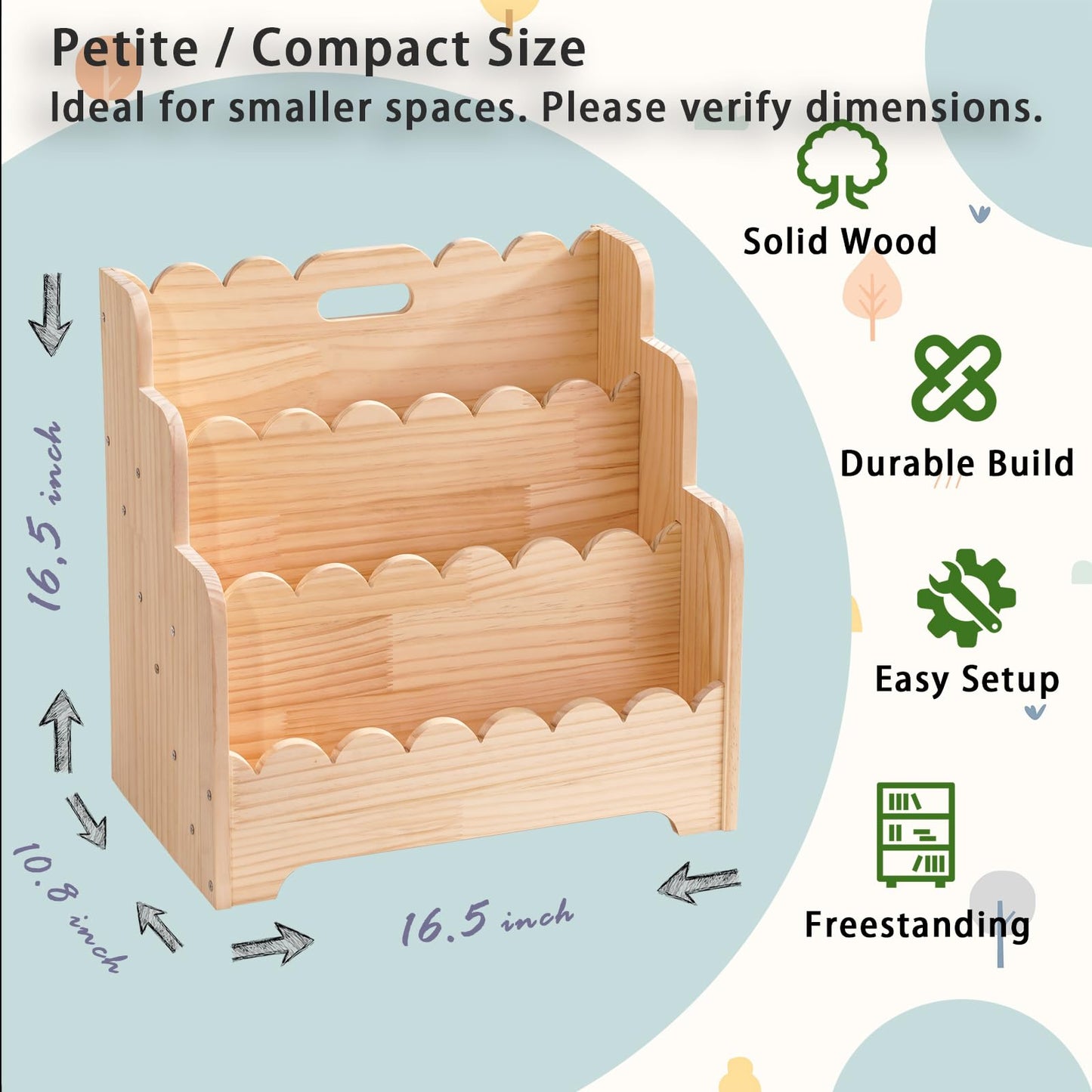 Kids Bookshelf Storage 3-Tier, Book Case for Kids Rooms, Scalloped Wooden Montessori Bookcase for Toddlers & Baby, Small Nursery & Classroom Book Shelves, Solid Wood Organizer