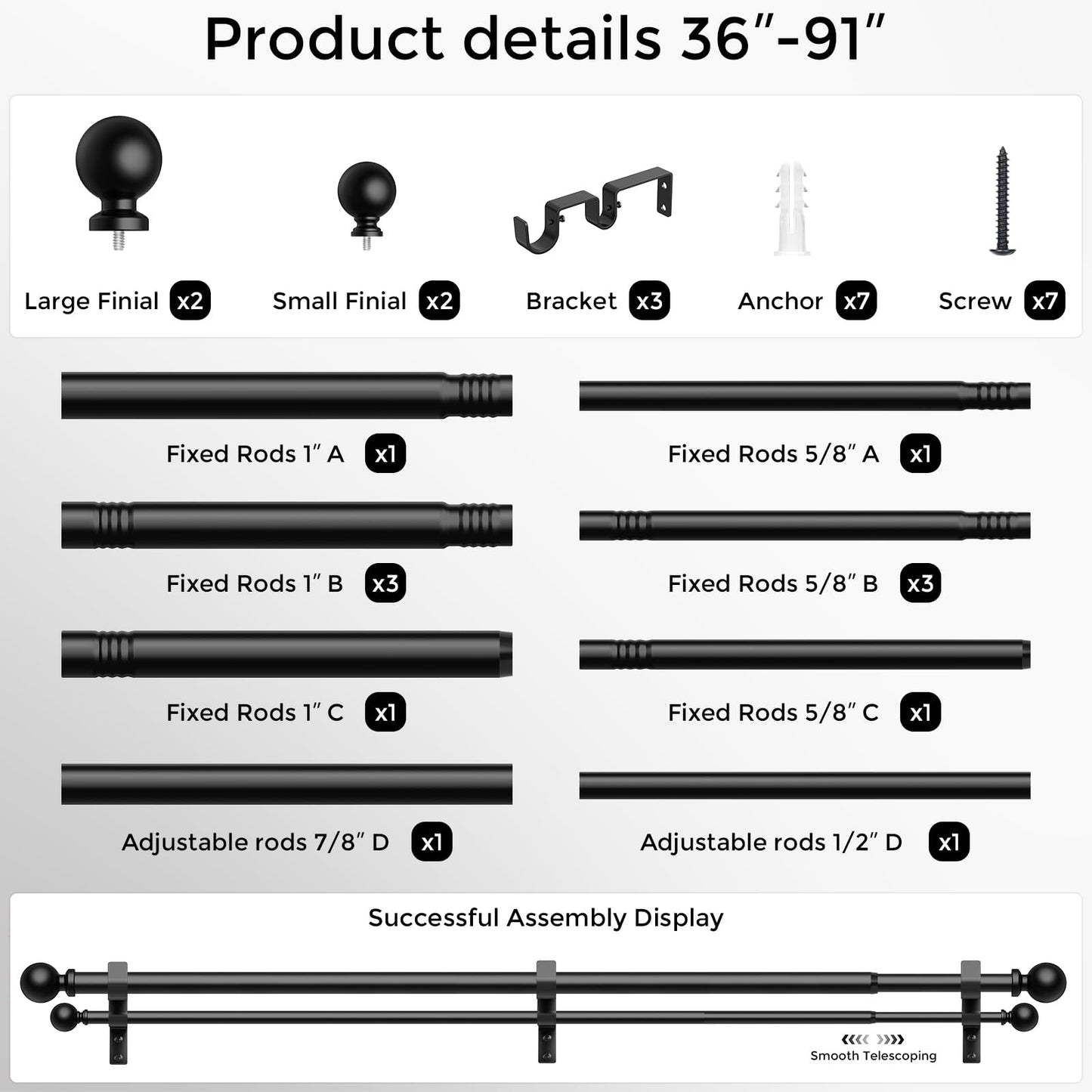 Wolistsa Double Curtain Rod 36-91 Inch, Black Dual Curtain Rods for Windows, 1 Inch Decorative Adjustable Heavy Duty Telescopic Spliced Window Treatment Rods Set for Bedroom Living Room Farmhouse