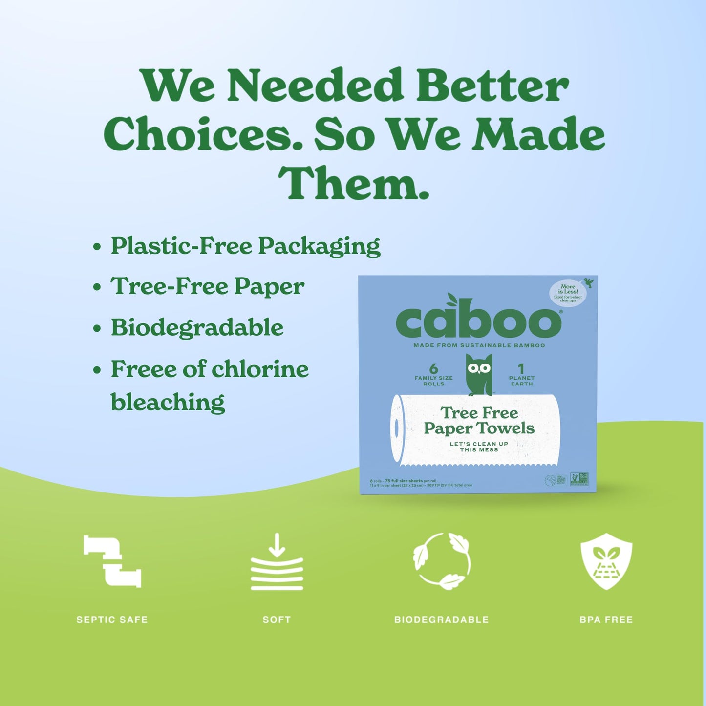 Caboo Tree Free Paper Towels, 6 Rolls, Plastic Free & Eco Friendly, Earth Friendly, Sustainable Kitchen Paper Towels with Strong 2 Ply Sheets