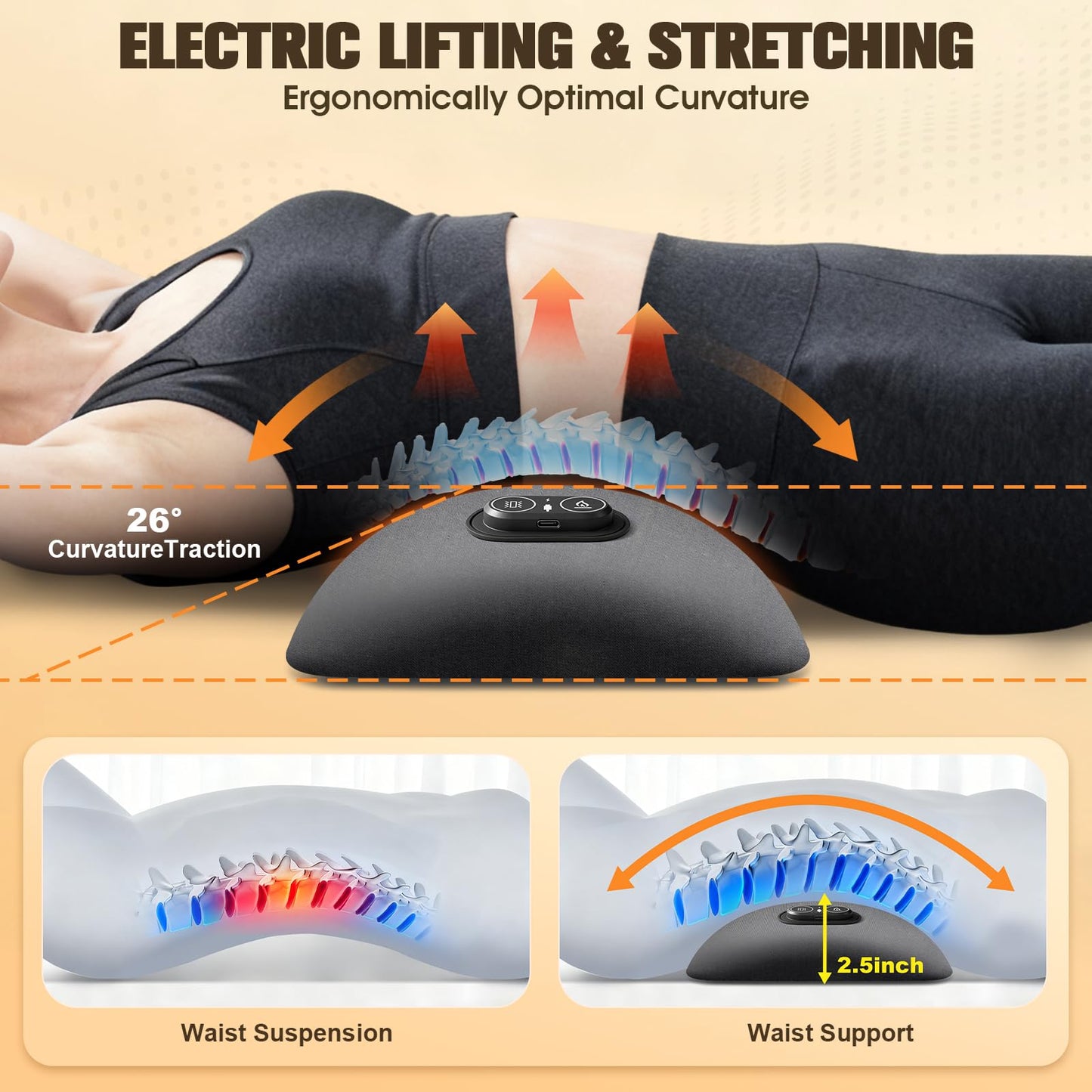 3-in-1 Electric Lumbar Support Pillow,Triple Fusion Back Massager with Heat,Vibration&Traction,Back Support Pillow for Bed and Chair,Lumbar Support Pillow for Lower Back Pain Relief&Spine Support-Gray