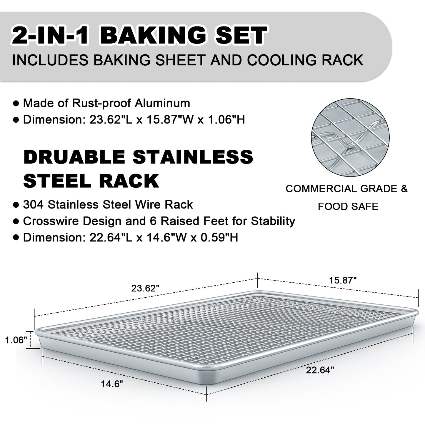 24 Inch Baking Sheet Pans with Rack Set, Natural Aluminum Cookie Sheet, Extra Large Commercial Quality Baking Sheet Pan Set, Warp Resistant Nonstick Thick Cookie Tray Pans for Baking, Roasting