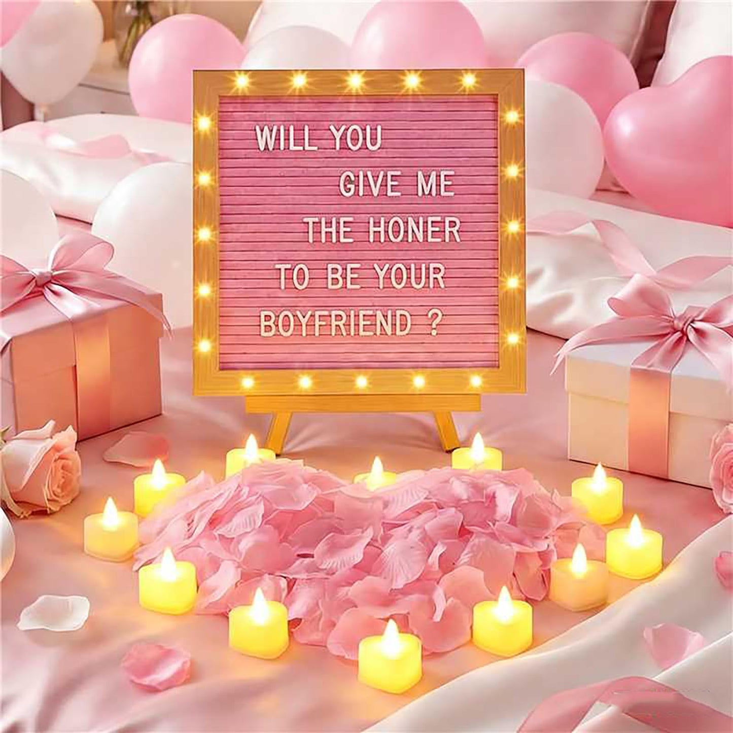 Ceenna Will You Be My Girlfriend Romantic Sign with LED Candles and Artificial Rose Petals, Valentine's Day DIY Felt Letter Wood Board Sign with Lights for Valentine's Day Anniversaries Party(Pink)