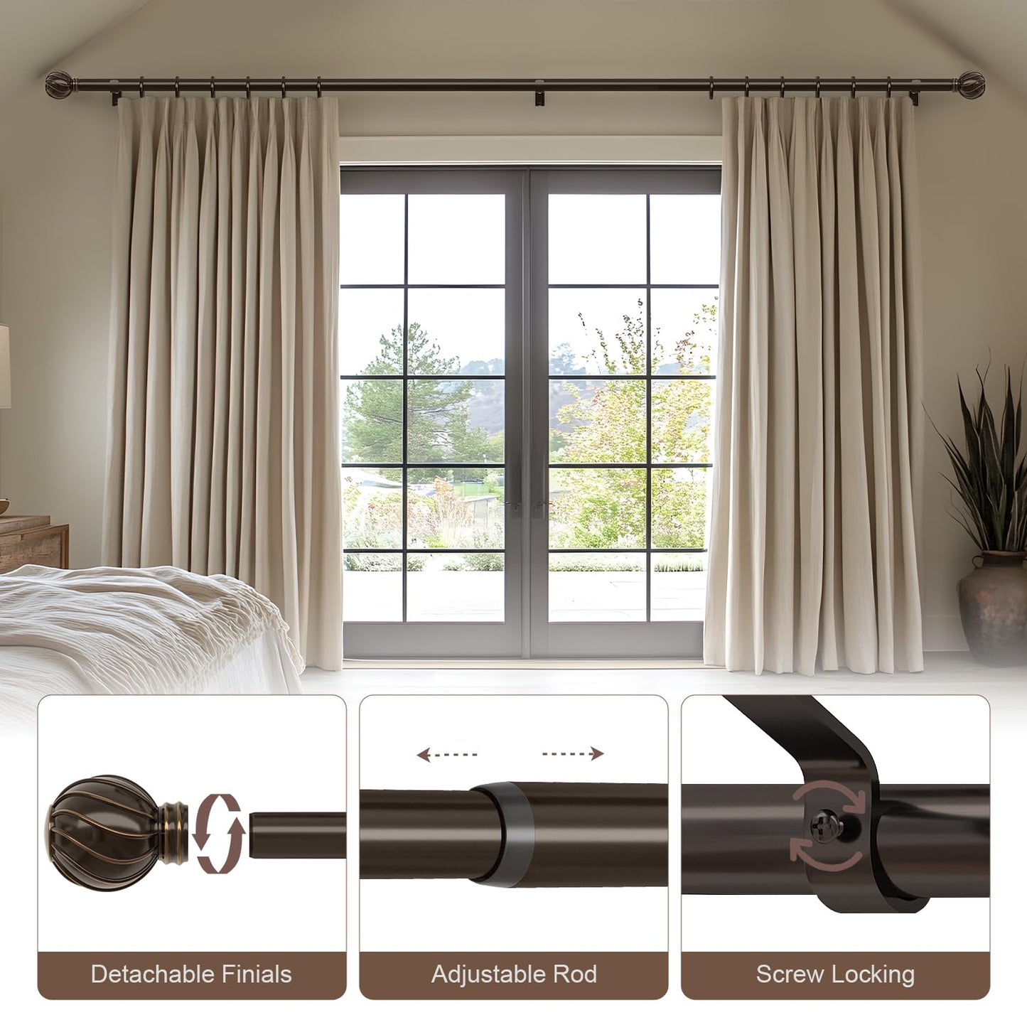 Lootkell Bronze Curtain Rods for Windows 48 to 84 Inches Adjustable Length Heavy Duty 7/8" Diameter Brown Window Curtain Rod with Decorative Finials for Outdoor Farmhouse Bedroom Kitchen Living Room