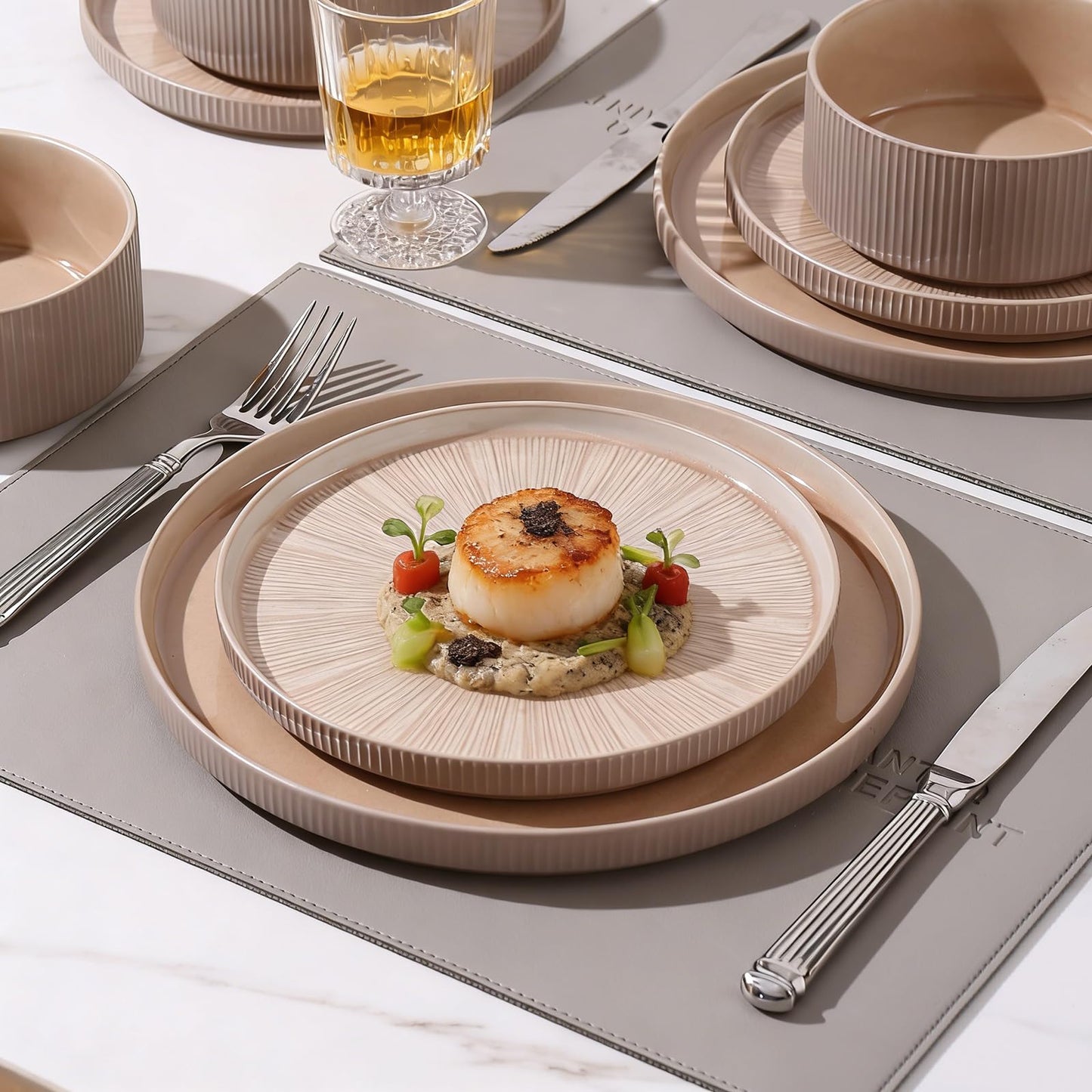 ALOFMO Dinnerware Sets for 4, Ceramic Plates and Bowls Set 12 Piece Dinnerware Chip Resistant Stoneware with Advanced Inkjet Printing Technology, Dishwasher and Microwave Safe-Dusty Brown