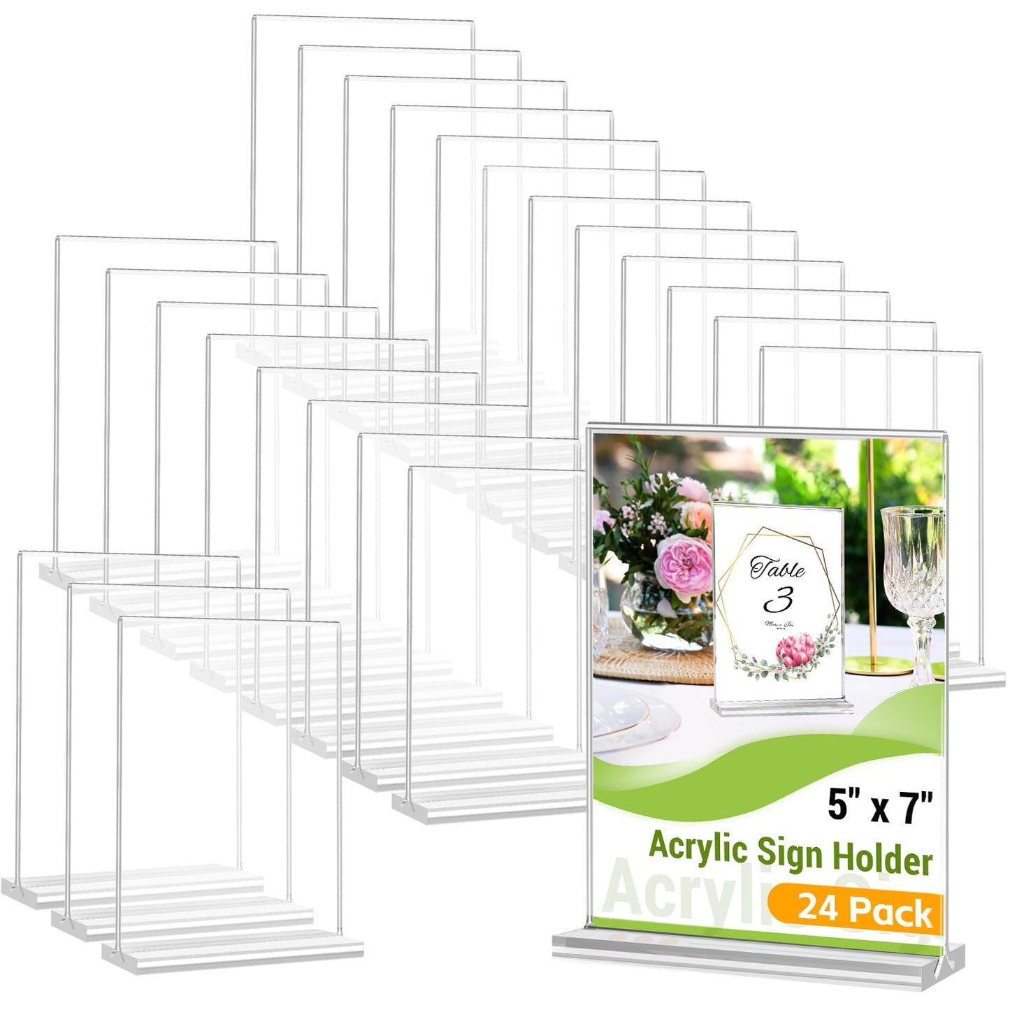 Dynta 24 Pack Acrylic Sign Holder 5x7 Inches Double Sided Picture Frame T Shape Flyer Menu Holder Table Vertical Plastic Clear Display Stand for Restaurant Office Retail Home Wedding