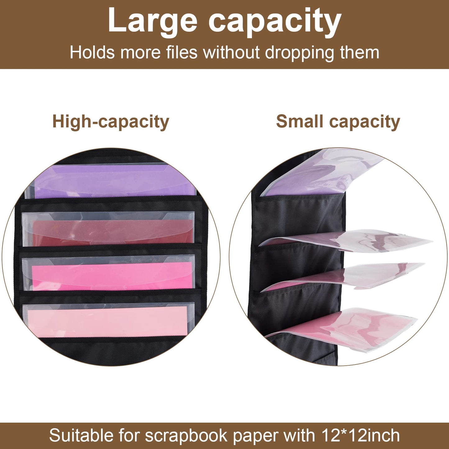 Henoyso 4 Pcs 10 Pockets Paper Storage Organizer 12 x 12 Inch Vinyl Roll Holder Scrapbook Hanging Wall File Organizer with Door Hangers for Office Cardstock Craft (Black)