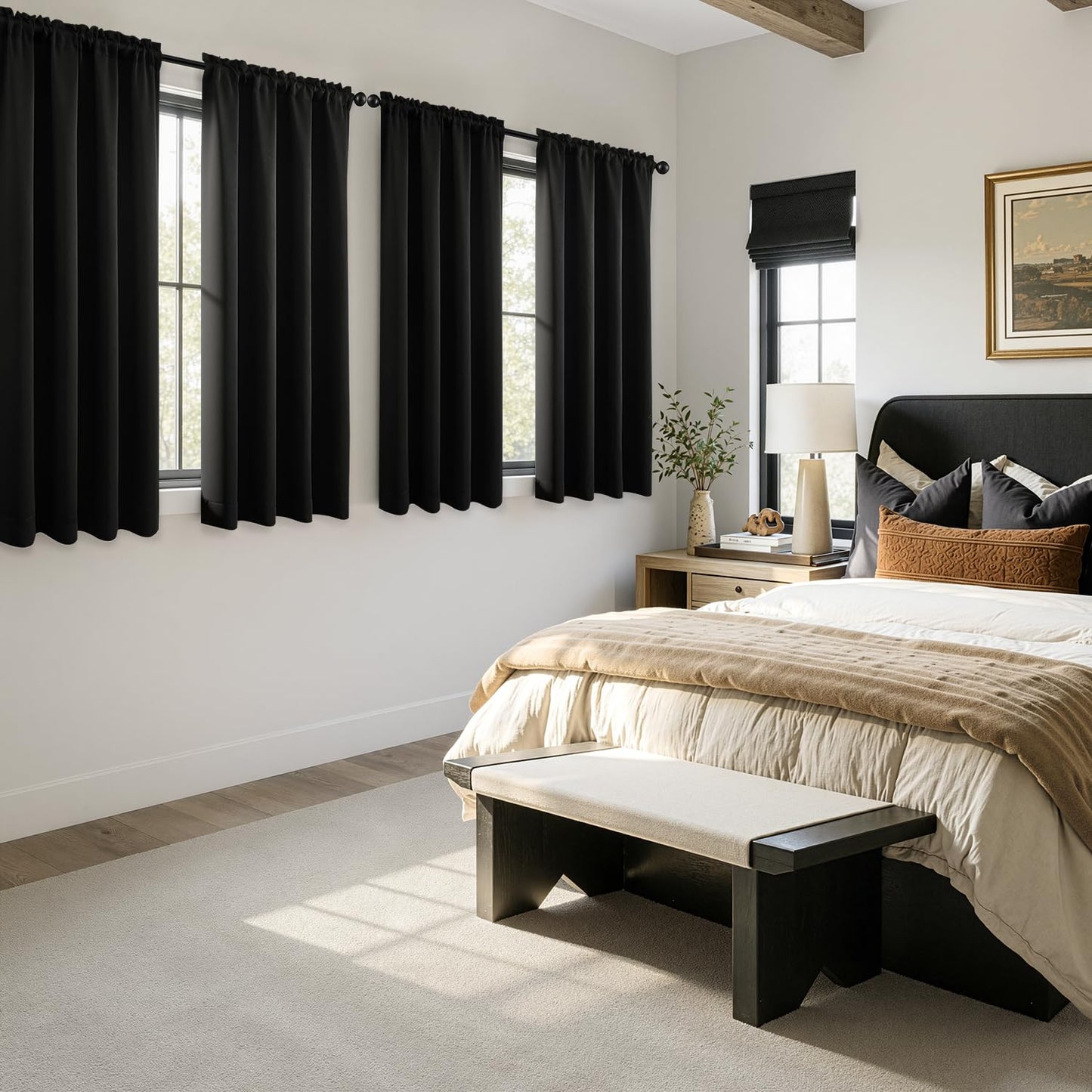 MIULEE Blackout Curtains 4 Panels Sets Black 63 Inch Length, Top and Bottom Rod Pocket Room Darkening Curtains for Bedroom Windows, 4 Pack Solid Thermal Insulated Light Blocking Curtain Drapes