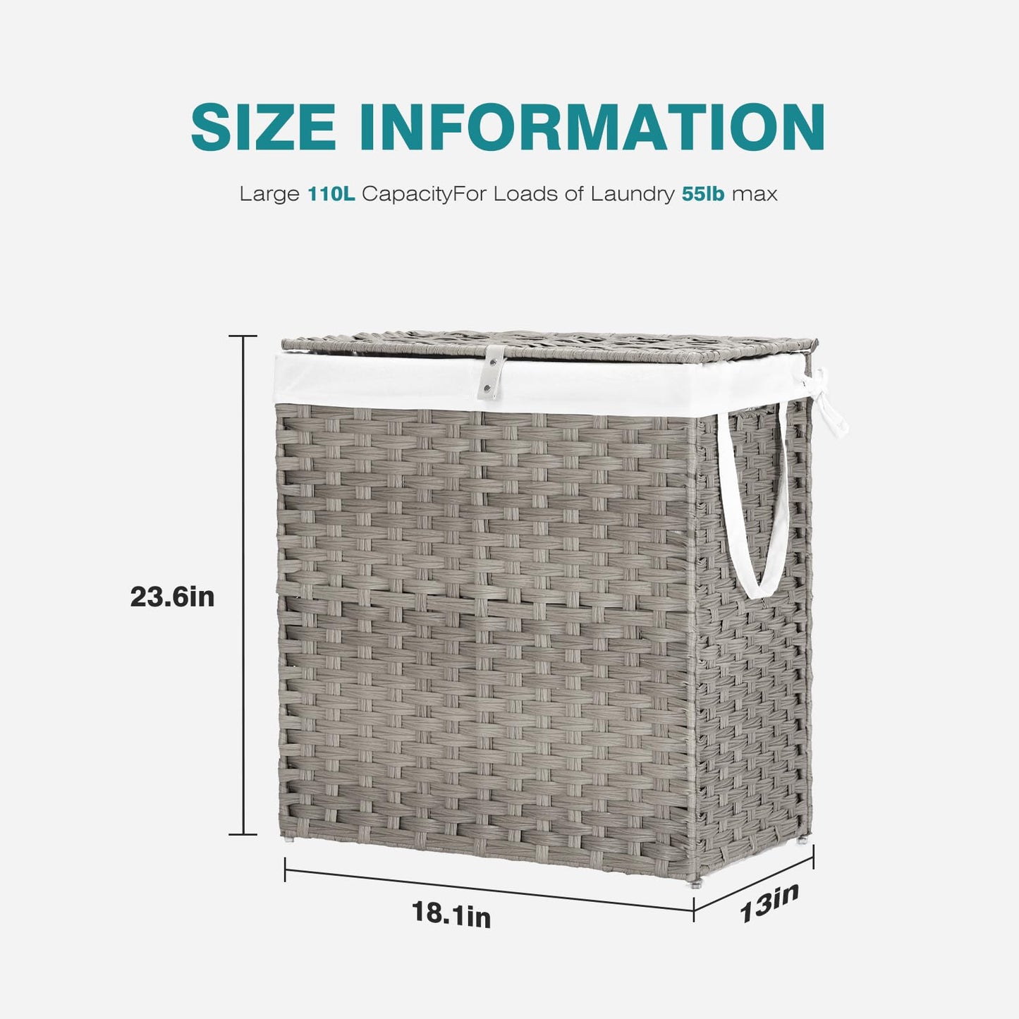 DUMOS Wicker Laundry Basket with Lid, 110L Woven Laundry Hamper with Handles, Foldable Rattan Clothes Hamper with Removable Liner & Sturdy Steel Frame, Dove Gray
